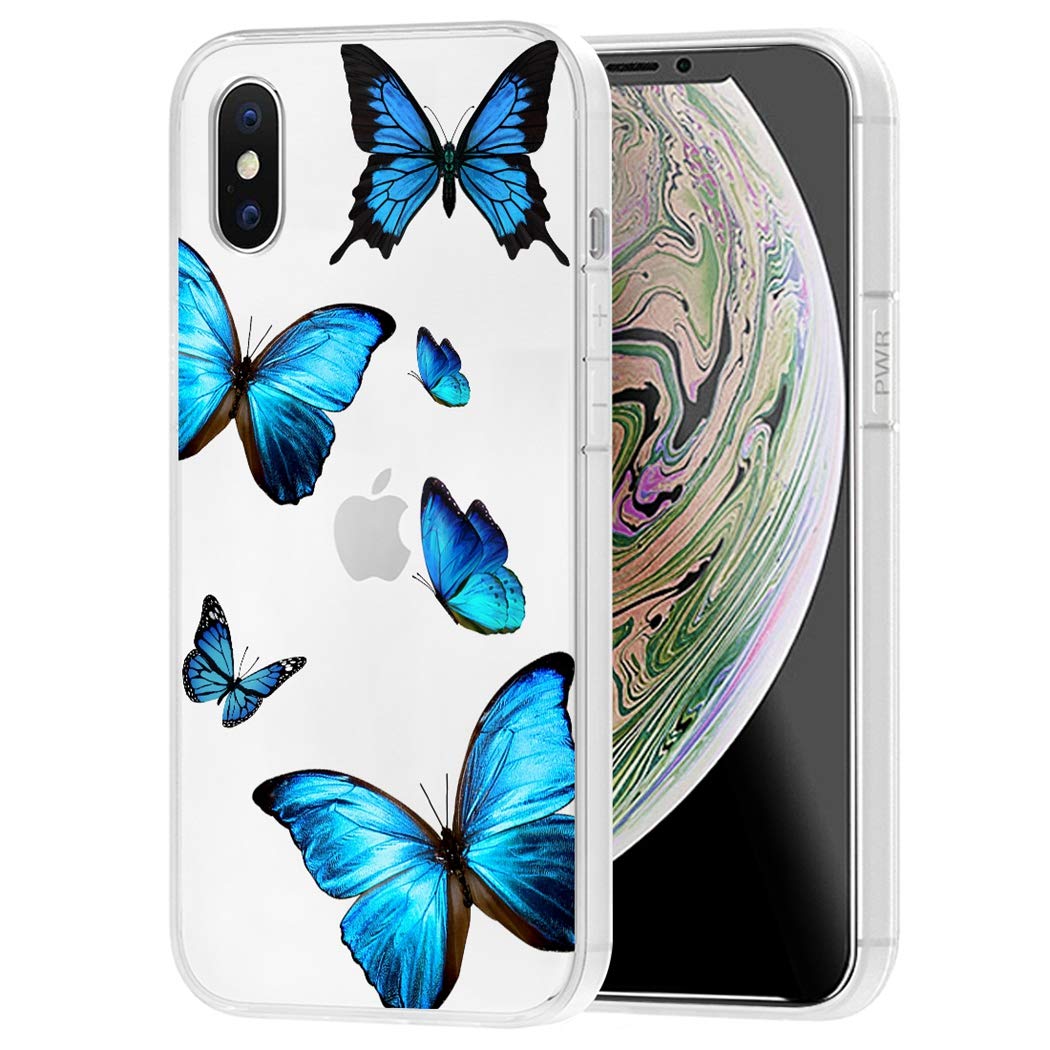 Cute Blue Butterfly Soft TPU Shockproof Protective Phone Case Cover for iPhone Xs/iPhone X - Compatible with iPhone Xs & iPhone X, Slim Clear Case for Women & Girls - Perfect for Everyday Use, Work & Travel