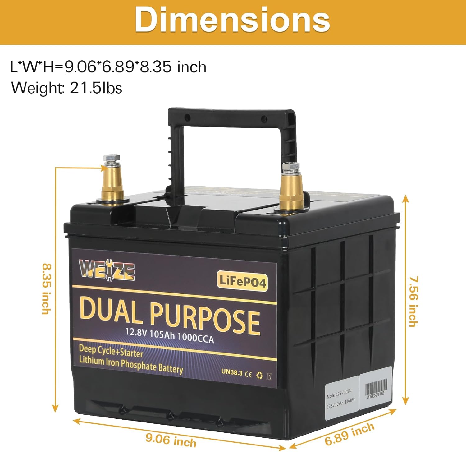 WEIZE 12V 105AH LiFePO4 Lithium Battery - Dual Purpose Starter & Deep Cycle Battery for Marine, RV, Solar - Perfect for Boats, Campers, Off-Grid Power & Backup Systems