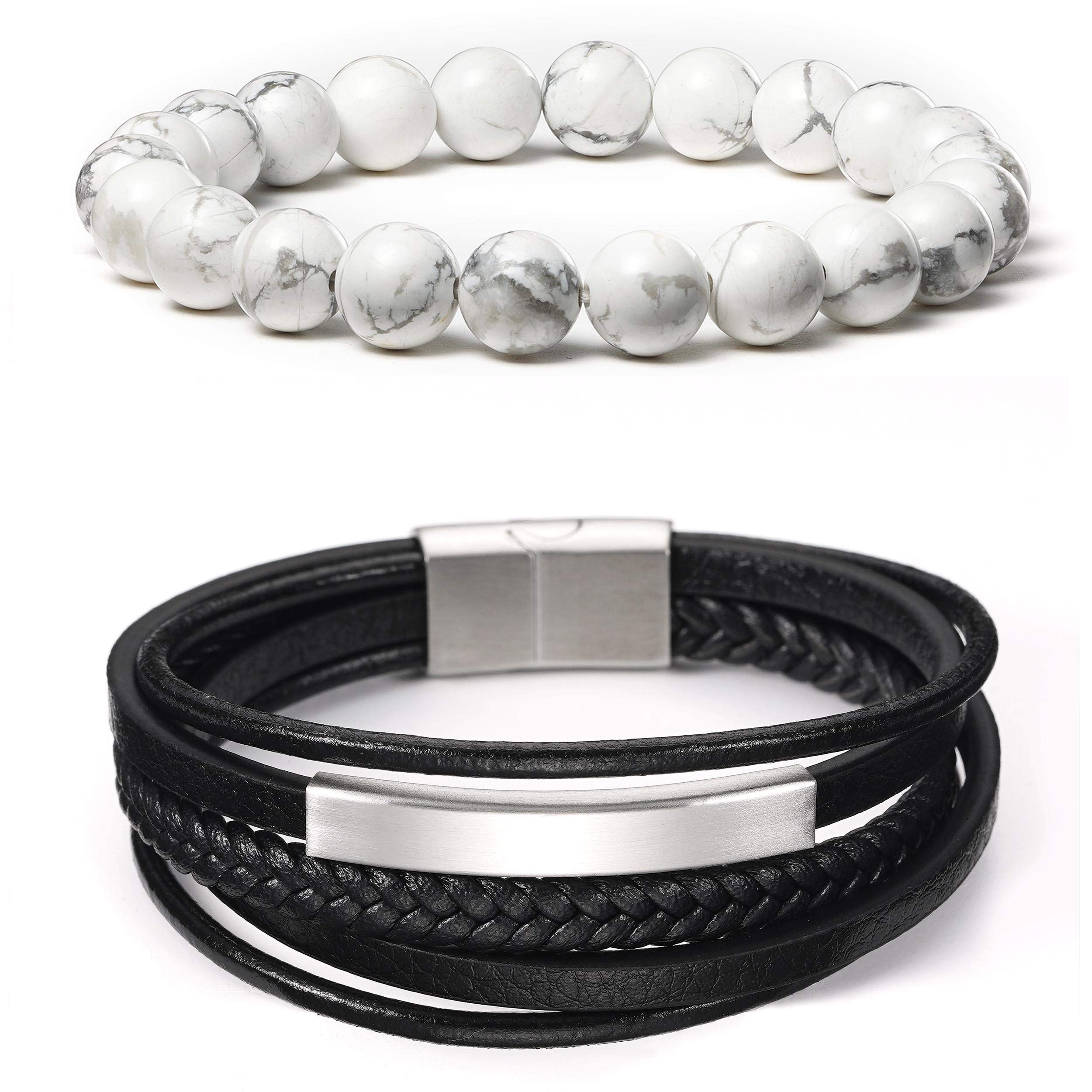BINLUN 2Pcs Mens Black Braided Leather Bracelet with Magnetic Clasp - White Turquoise Healing Beads Bracelet Set - Woven Leather Wristbands for Men - Perfect for Casual Wear, Gifts & Spiritual Healing