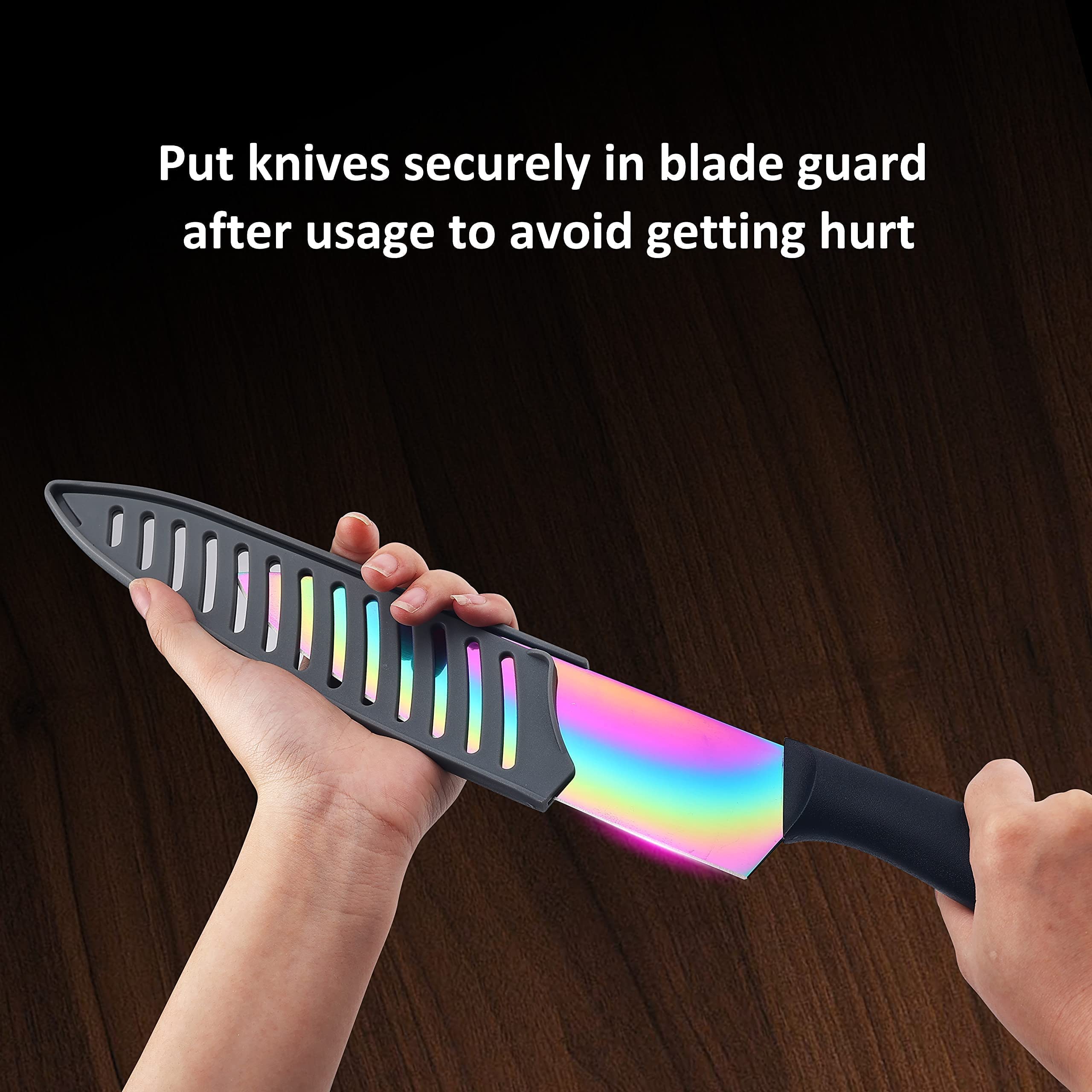 KYA36 Rainbow Titanium 12-Piece Stainless Steel Kitchen Knife Set with Sheath & KYA52B 7-Piece Titanium-Plated Cooking Utensil Set - Professional Cutlery for Home Chefs, Perfect for Cooking, Slicing, and Food Prep
