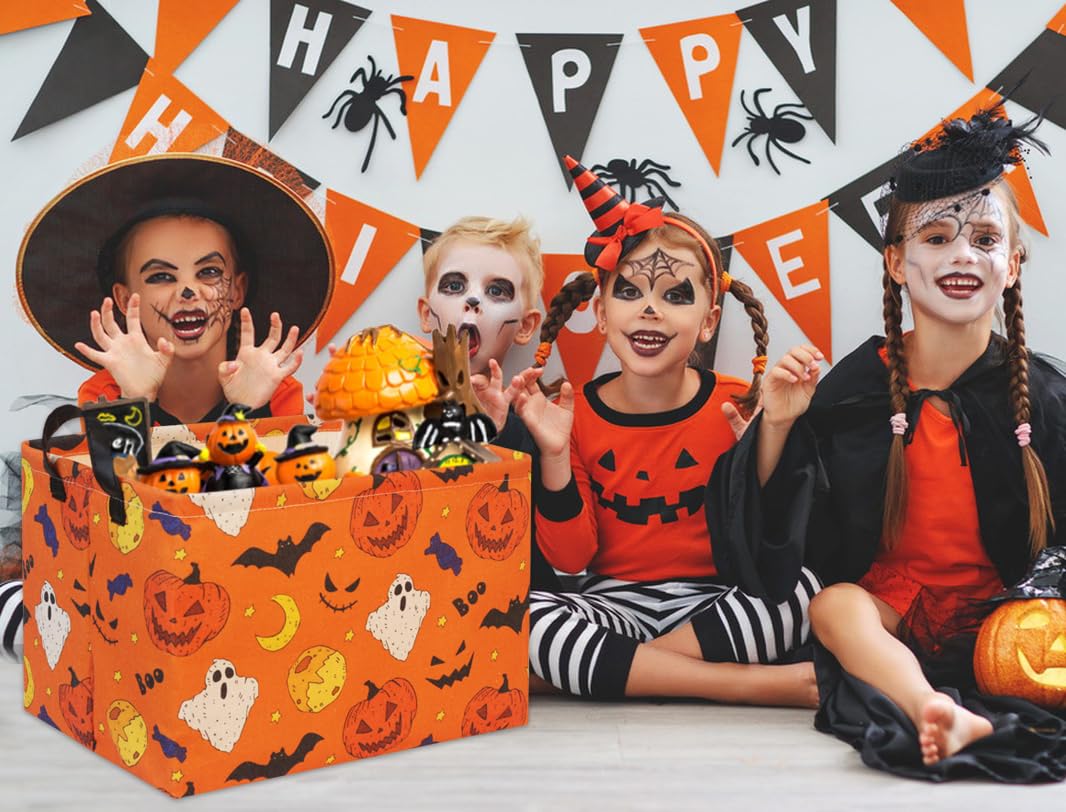 Halloween Basket for Kids - Cute Pumpkin-Shaped Rectangular Toy Storage Bin & Organizer Box - Perfect for Halloween Party Decor, Trick-or-Treating & Room Organization (Yellow)