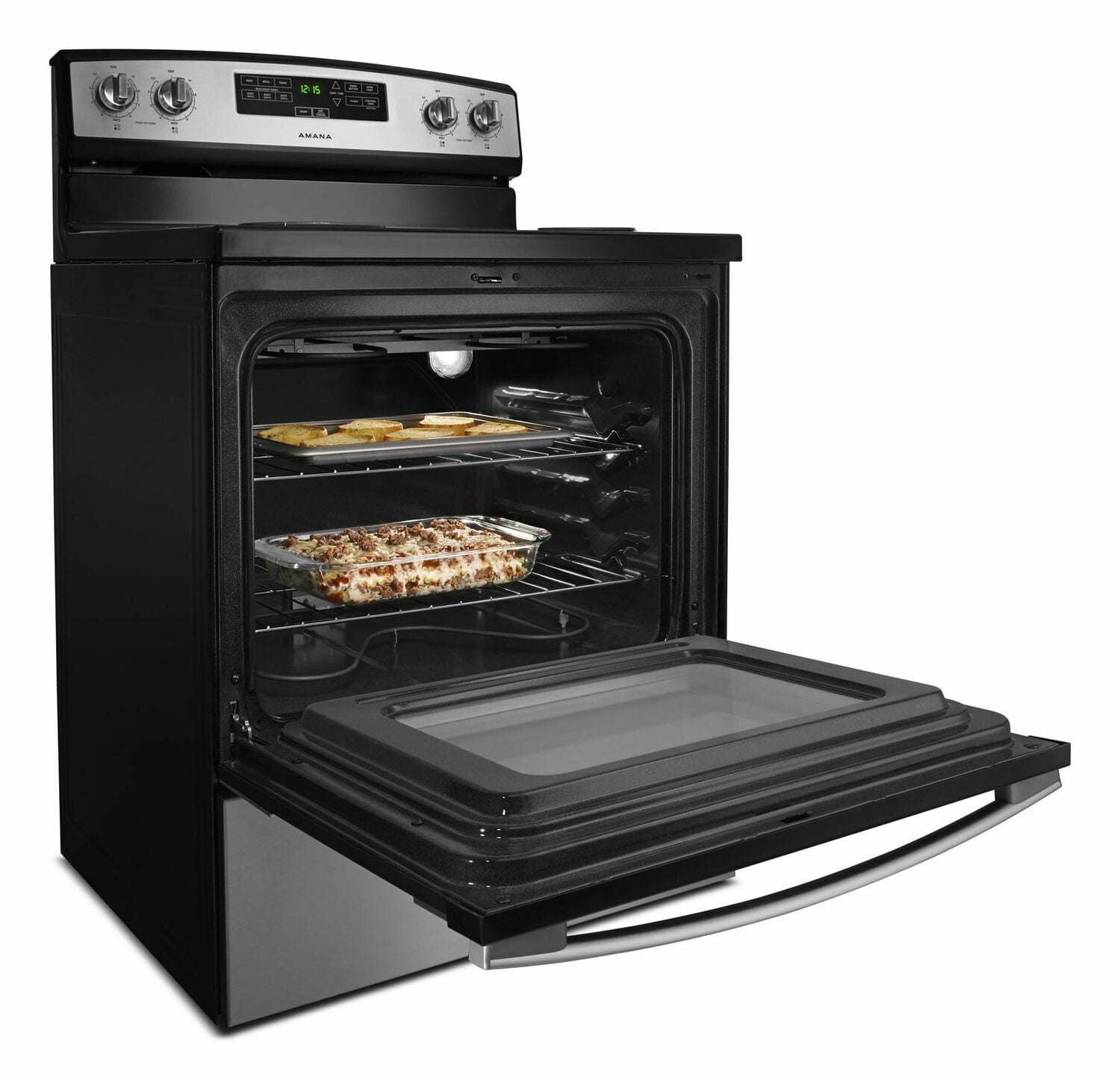 Amana ACR4303MFS 30 Inch Electric Range with Bake Assist Technology - Black Stainless Steel Finish for Modern Kitchens & Home Baking