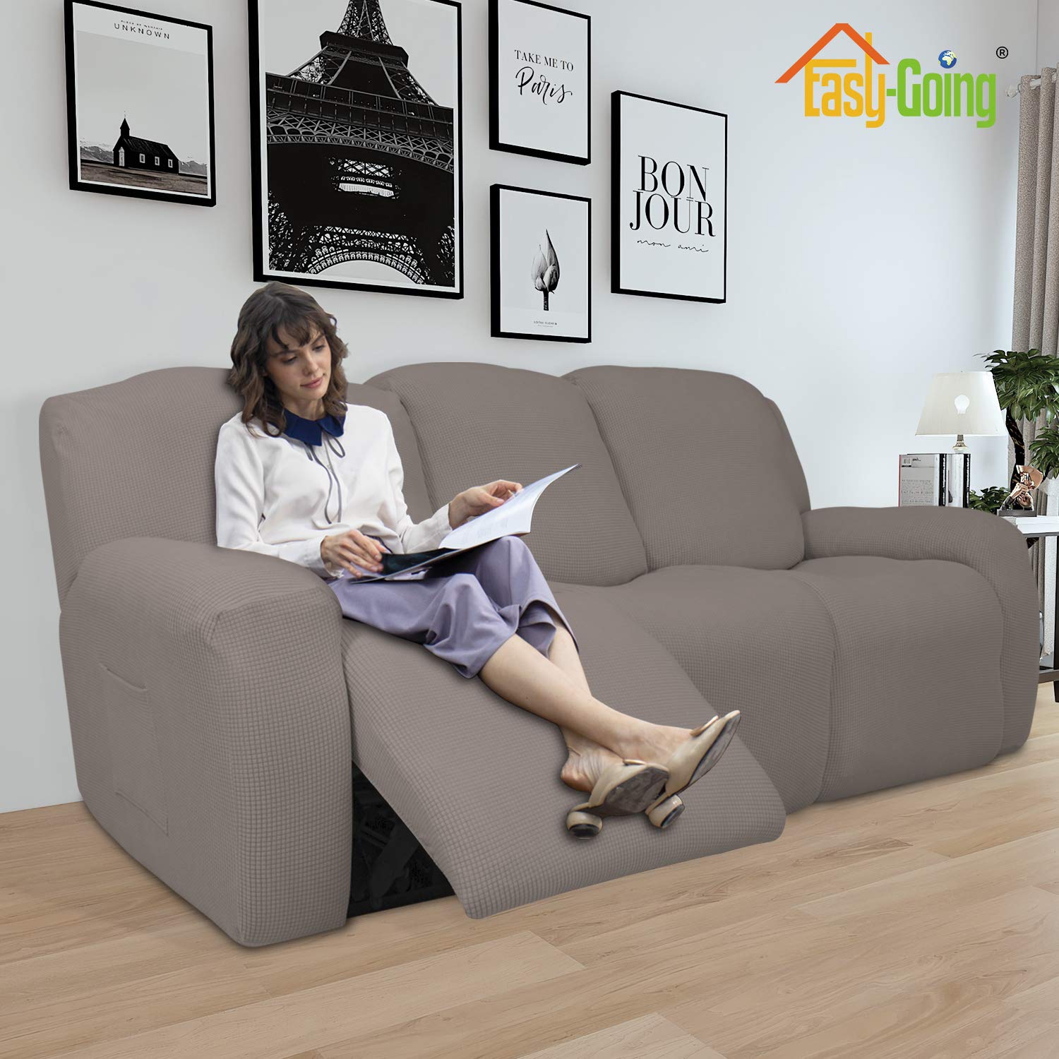 8-Piece Stretch Recliner Sofa Slipcover Set - Spandex Jacquard Fabric with Elastic Bottom - Taupe Checkered Design - Furniture Protector for Couches, Chairs & Recliners - Perfect for Homes with Kids & Pets (Living Room, Family Room, Home Theater)