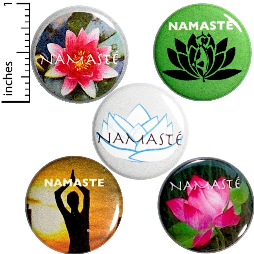 Namaste Buttons - 5 Pack Cute Cool Lapel Pins for Backpacks, Jackets & Yoga Apparel - 1 Inch Yoga Teacher & Yogi Gift Set - Perfect for Yoga Studios, Meditation Retreats & Boho Fashion Accessories
