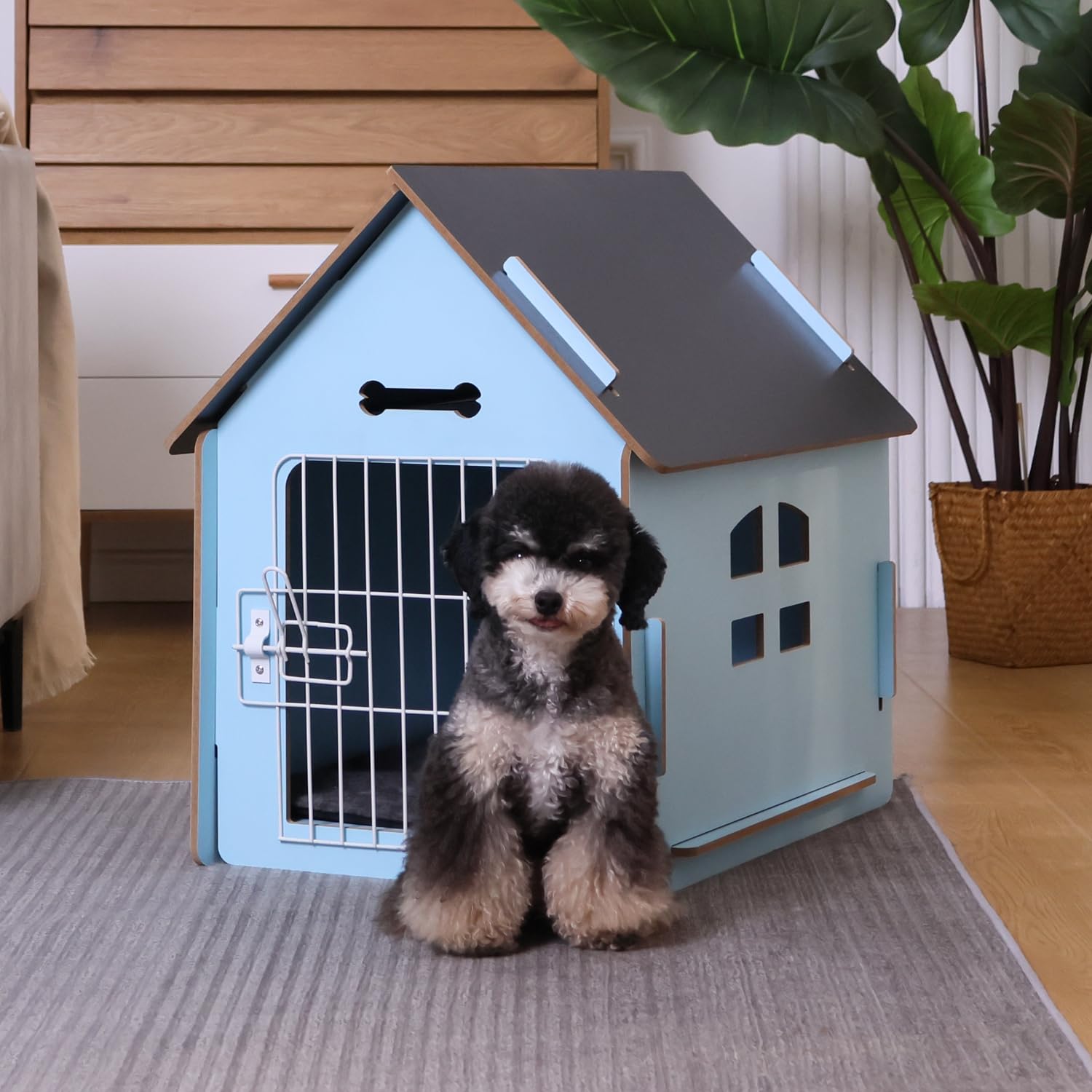 **Cozy Wooden Indoor Dog House for Small Dogs & Cats - Ventilated Design with Elevated Floor - Warm Pet Cave for Winter (Large, Blue) - Perfect for Bedrooms, Living Rooms & Pet-Friendly Spaces**