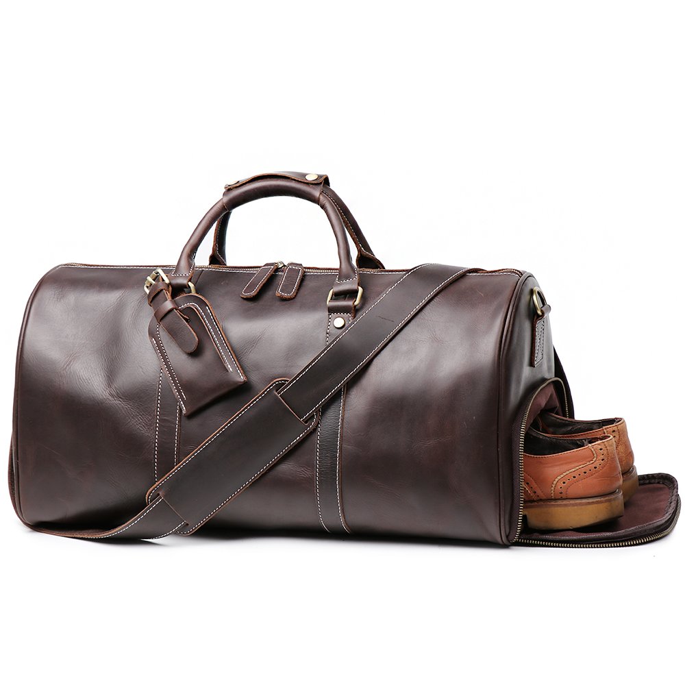 Vintage Leather Duffle Bag for Men - Travel Carry On Luggage with Side Pockets, Dark Brown | Perfect for Business Trips, Gym & Weekend Getaways