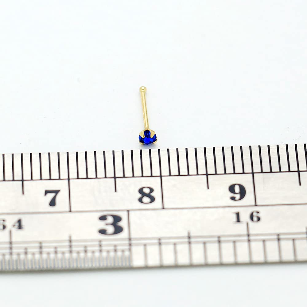 14K Yellow Gold Blue Sapphire Nose Stud - Round Crystal Stone 22 Gauge Nose Bone Piercing Jewelry for Women | Perfect for Everyday Wear, Parties & Special Occasions