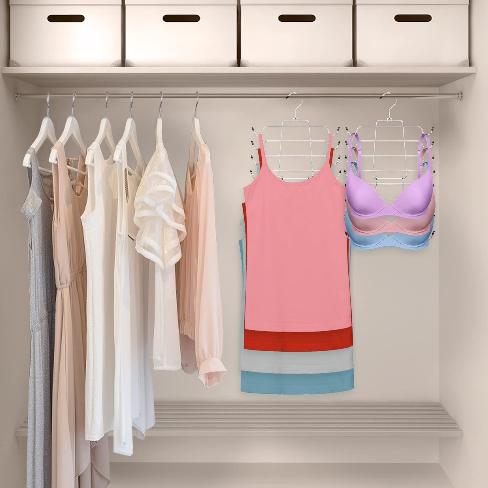 Niclogi 4-Pack Bra & Tank Top Hanger Organizer with 2 Multifunctional Hooks - Space Saving Metal Closet Storage for Sports Bras, Camisoles & Underwear - Maintain Shape & Save Closet Space (Silver) | Perfect for Gym Locker, Travel & Small Closet Organization