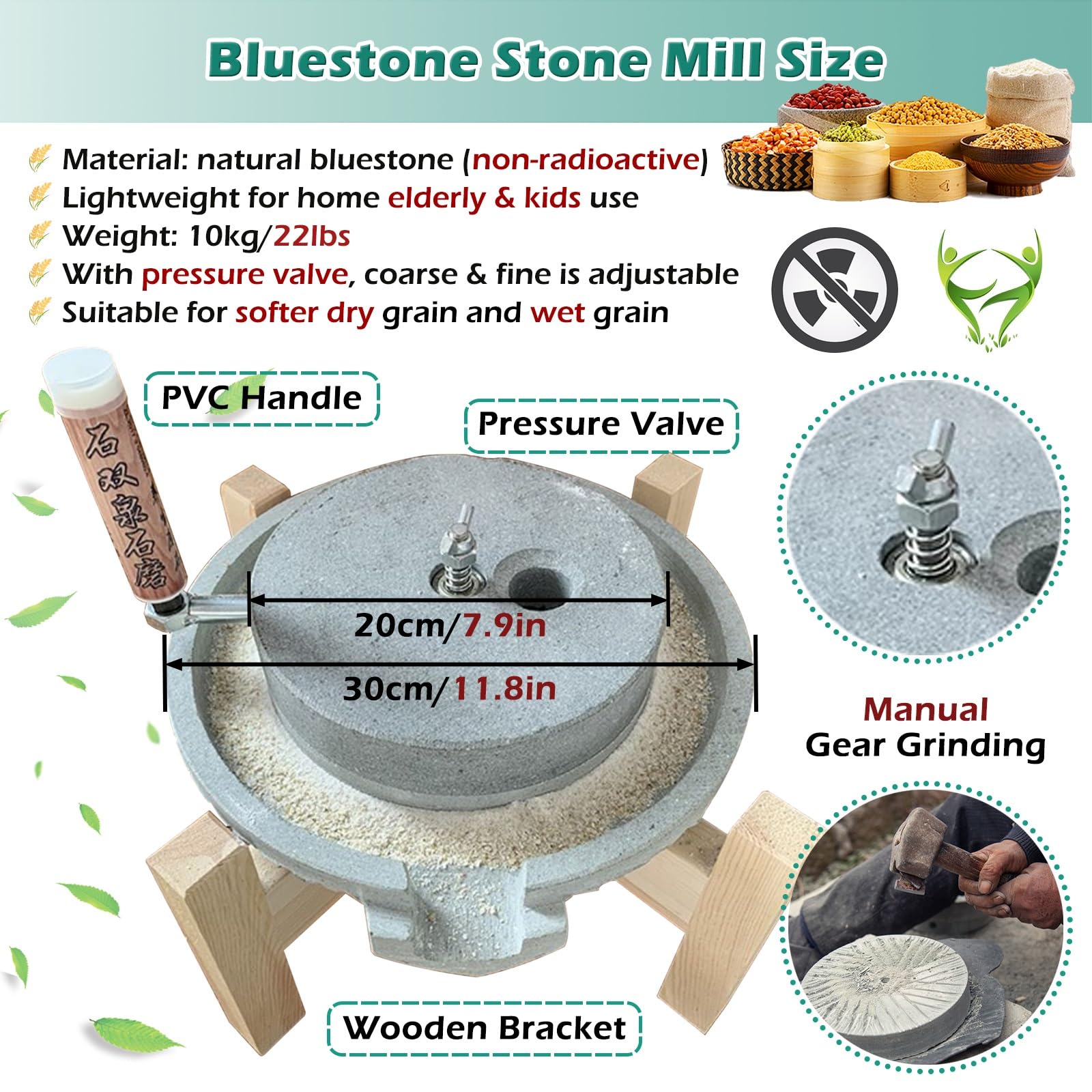 Premium Hand Grain Mill Grinder - Manual Stone Flour Mill for Wheat, Corn, Soybean & Spices | Wooden Frame Bluestone Grinder for Dry/Wet Milling | Perfect for Home Baking, Camping & Emergency Food Prep