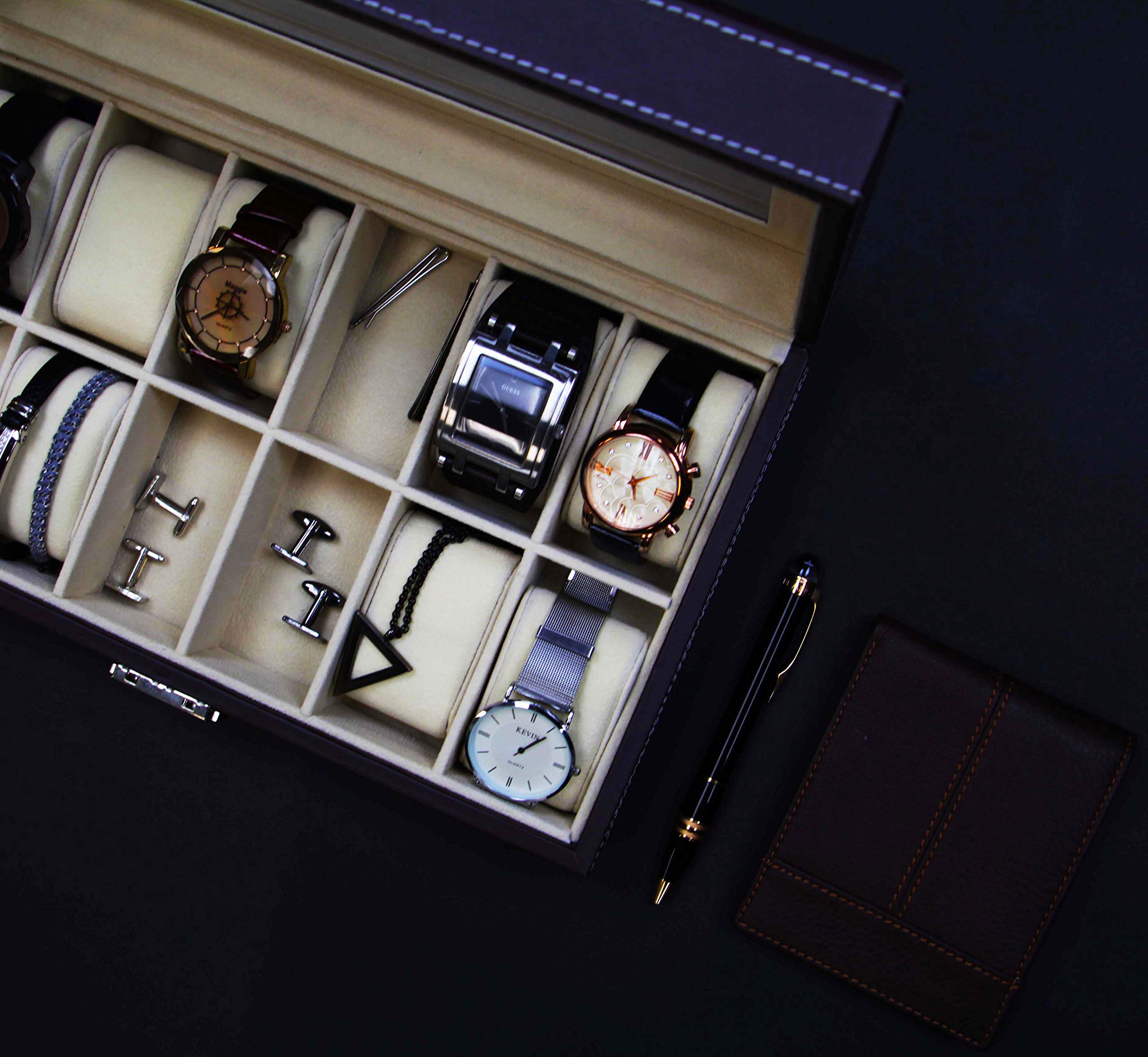 Premium 12-Slot Watch Box with Cufflink & Ring Storage - Luxury Jewelry Organizer for Men - Perfect for Travel, Gifts & Home Display
