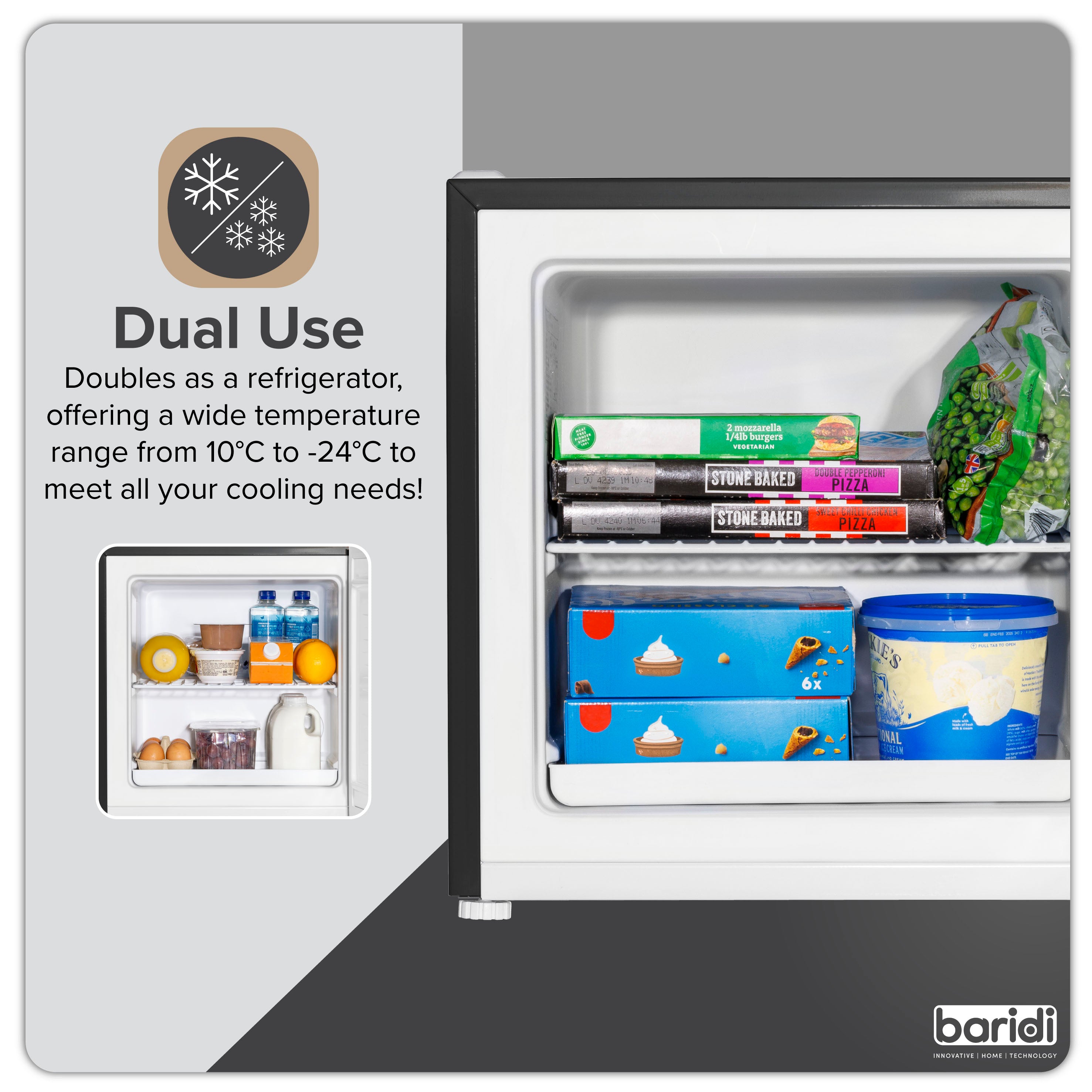 Baridi 31L Mini Tabletop Fridge and Freezer with Reversible Door - Compact Black Refrigerator for Bedroom, Office, Dorm, or Small Spaces - Perfect for Drinks, Snacks, and Beauty Products Storage