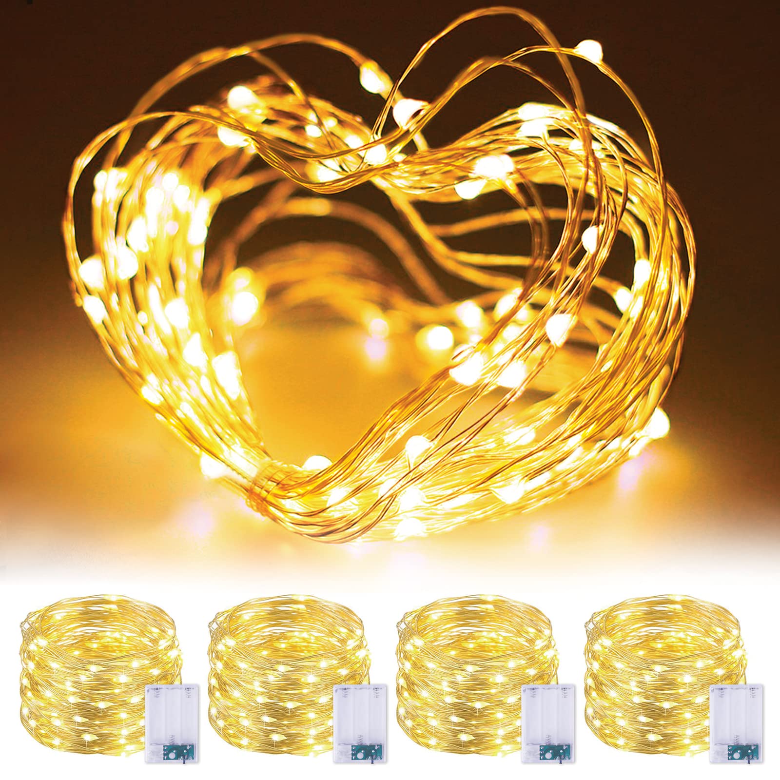 JMEXSUSS 4 Pack 50 LED Outdoor String Lights - 16.1 Ft Warm White Battery Operated Fairy Lights - Waterproof Mini LED Lights for Bedroom, Dorm, Garden, Wedding & Christmas Decor - Perfect for Patio Parties, Tree Lighting & Mason Jar Decorations