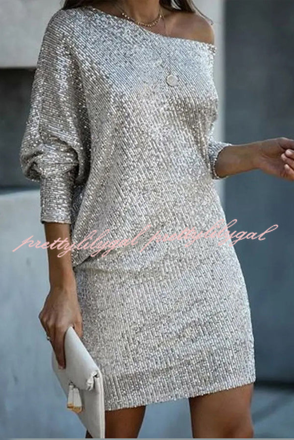 Elegant Solid Sequined Off-Shoulder Loose Mini Dress for Women - Perfect for Parties, Date Nights & Special Occasions