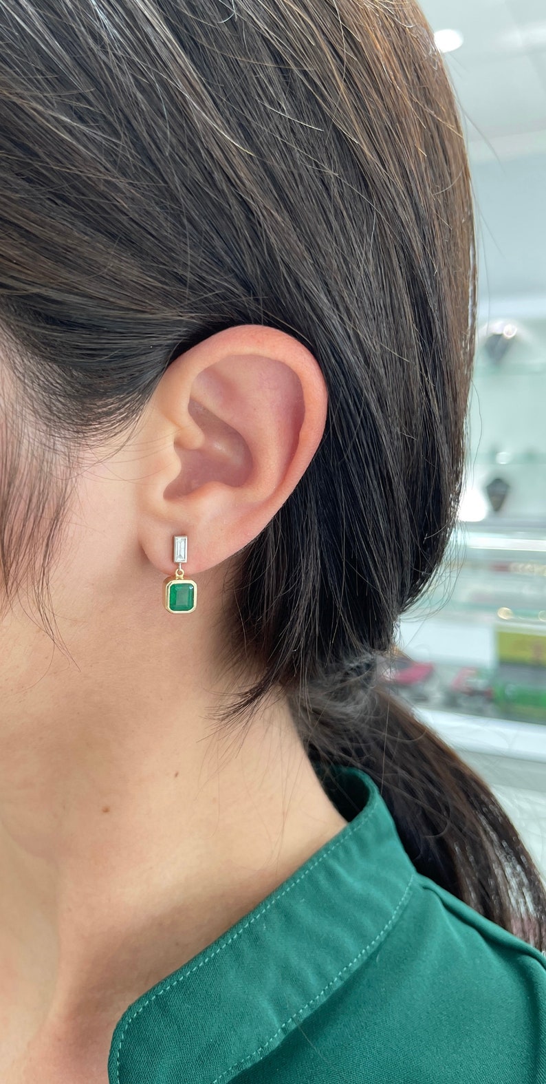 2.30tcw 14K Gold Asscher Cut Emerald and Diamond Dangle Earrings - Luxury Bezel Set Green Gemstone Jewelry for Women, Perfect for Weddings, Parties & Special Occasions