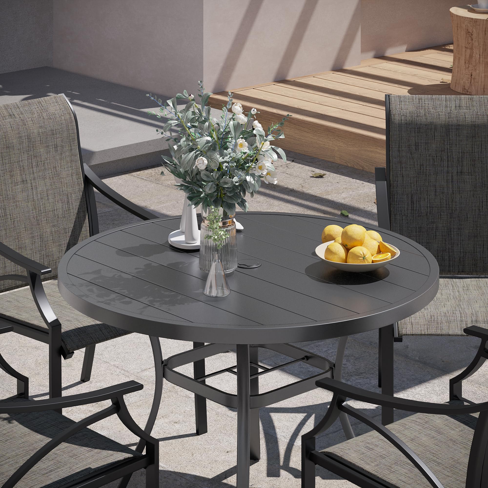 VICLLAX 41.7 Inch Round Outdoor Dining Table for 4 People - Weather-Resistant Metal Patio Table with 1.57 Inch Umbrella Hole - Perfect for Garden, Backyard, Porch, and Poolside Entertaining (Dark Grey)