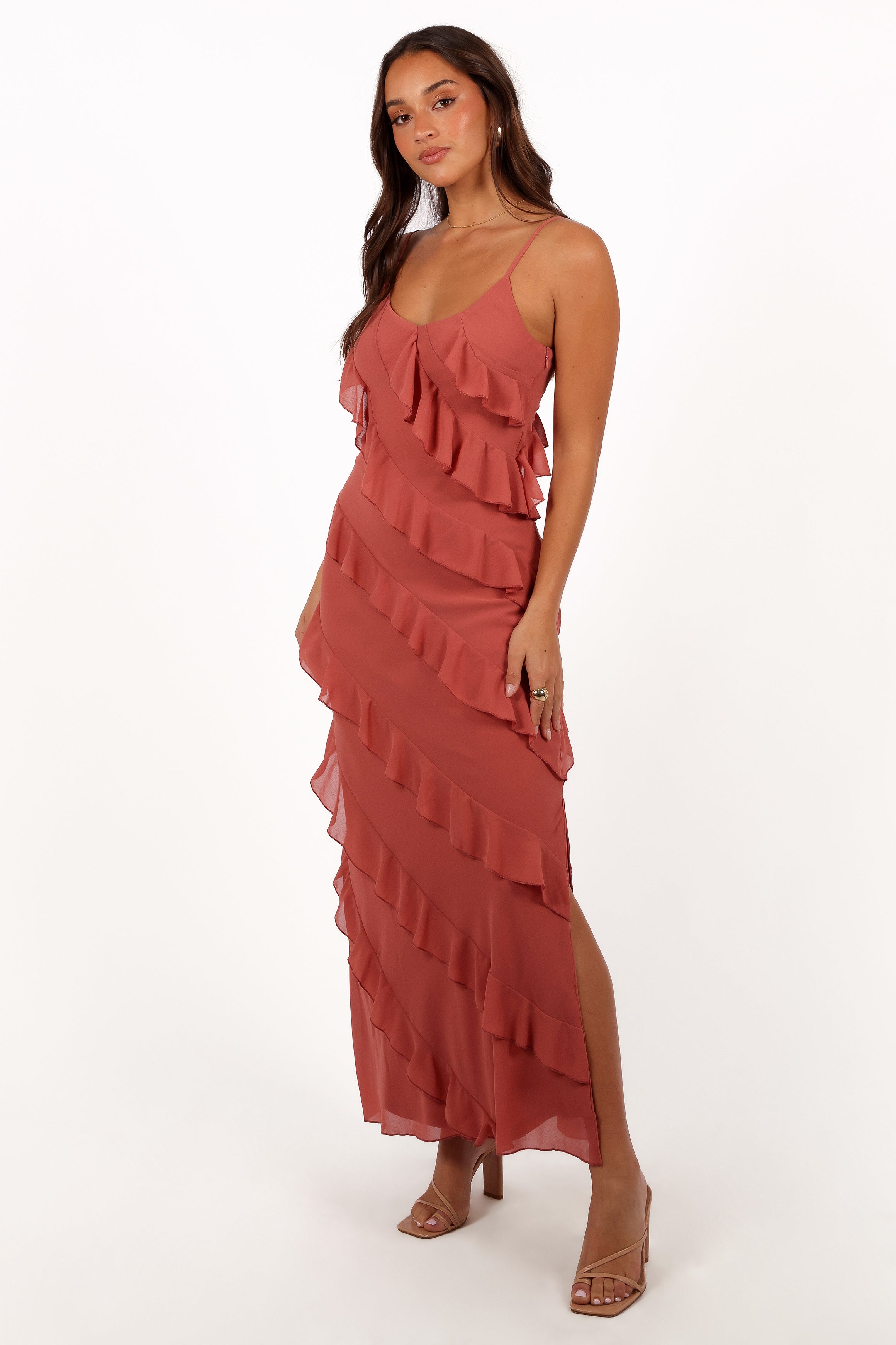 Ciao Ruffles Maxi Dress for Women - Elegant Rosewood Floral Print Summer Dress for Beach, Vacation & Party Wear