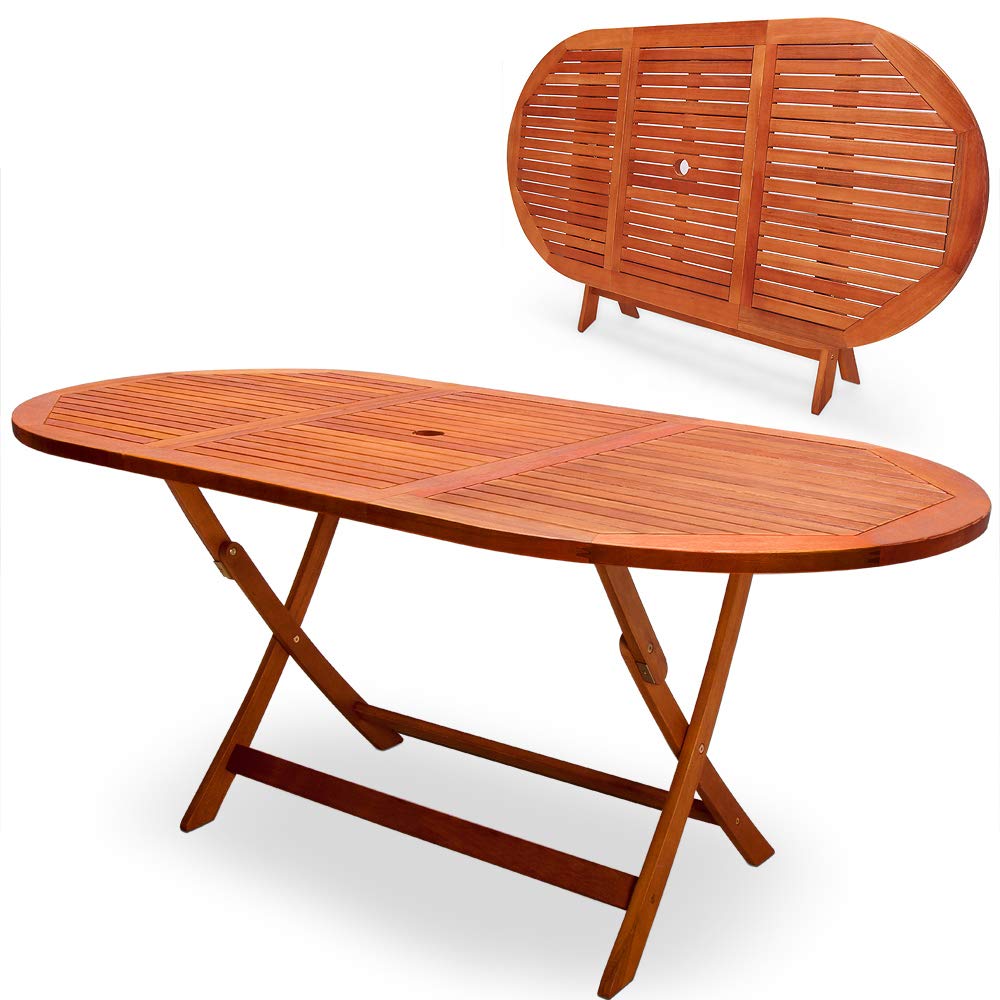 Folding Acacia Wood Outdoor Dining Table with Umbrella Hole - 63 x 34 Inch Patio Table for Garden, Backyard, Poolside & BBQ Parties - Durable Weather-Resistant Wooden Furniture for Outdoor Entertaining