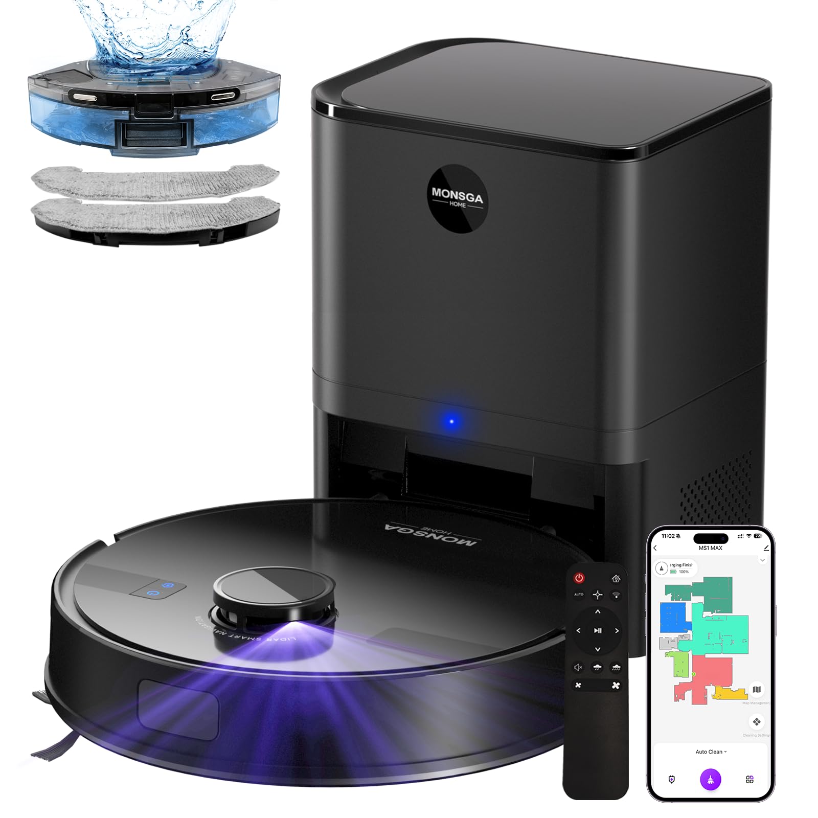 MONSGA Robot Vacuum Mop Combo 5000Pa with Self-Emptying - for Hard Floors & Carpets