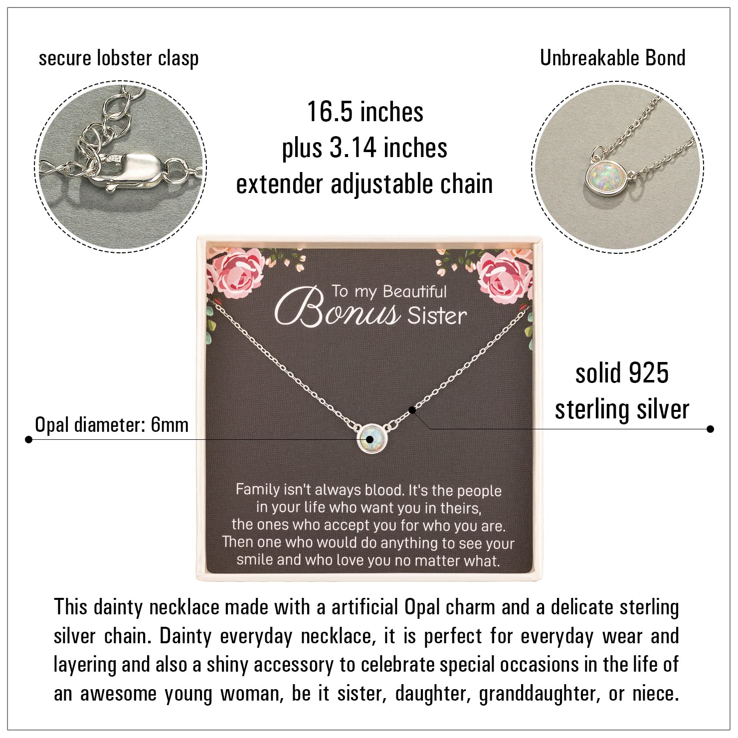925 Sterling Silver White Opal Necklace for Sister-in-Law - Thoughtful Christmas, Wedding, Bridesmaid & Thank You Gift - Perfect for Unbiological Sisters, Bridal Showers & Special Occasions