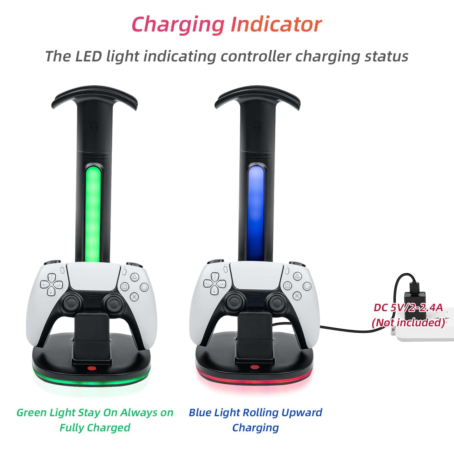 PS5 Headset Stand with RGB Charging Dock for DualSense & Edge Controllers - 2 USB Ports, Black | Gaming Accessory for Organized Playstation 5 Setup