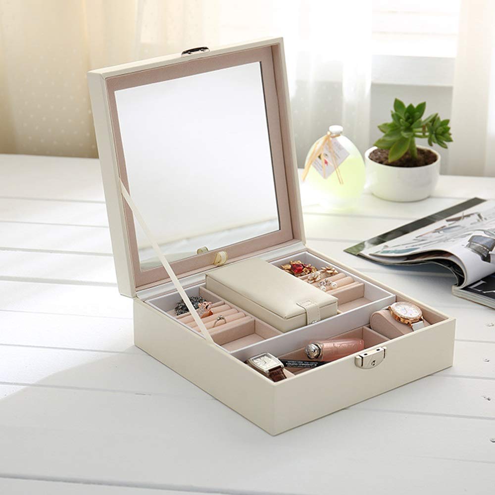 White Leather Jewelry Storage Box with Mirror & Lock - Women's Jewelry Organizer Case for Necklaces, Rings & Earrings - Perfect Gift for Girls & Women - Ideal for Travel, Home & Vanity Organizing