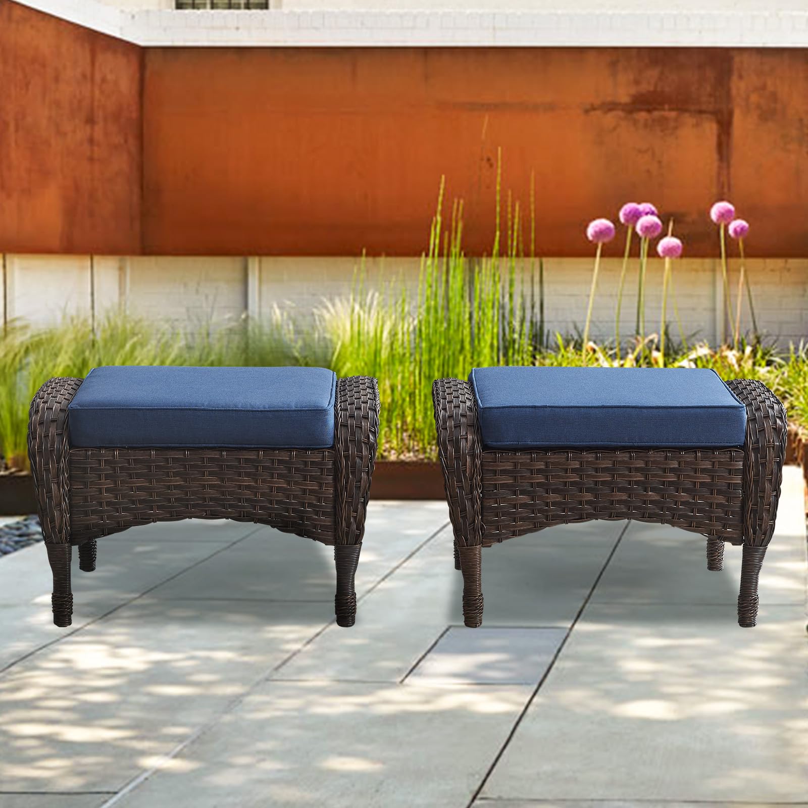 25 Inch All-Weather PE Wicker Ottoman Set of 2 - Outdoor Foot Stool for Patio, Balcony, Deck & Backyard - Brown Rattan Footrest for Relaxing, Lounging & Entertaining