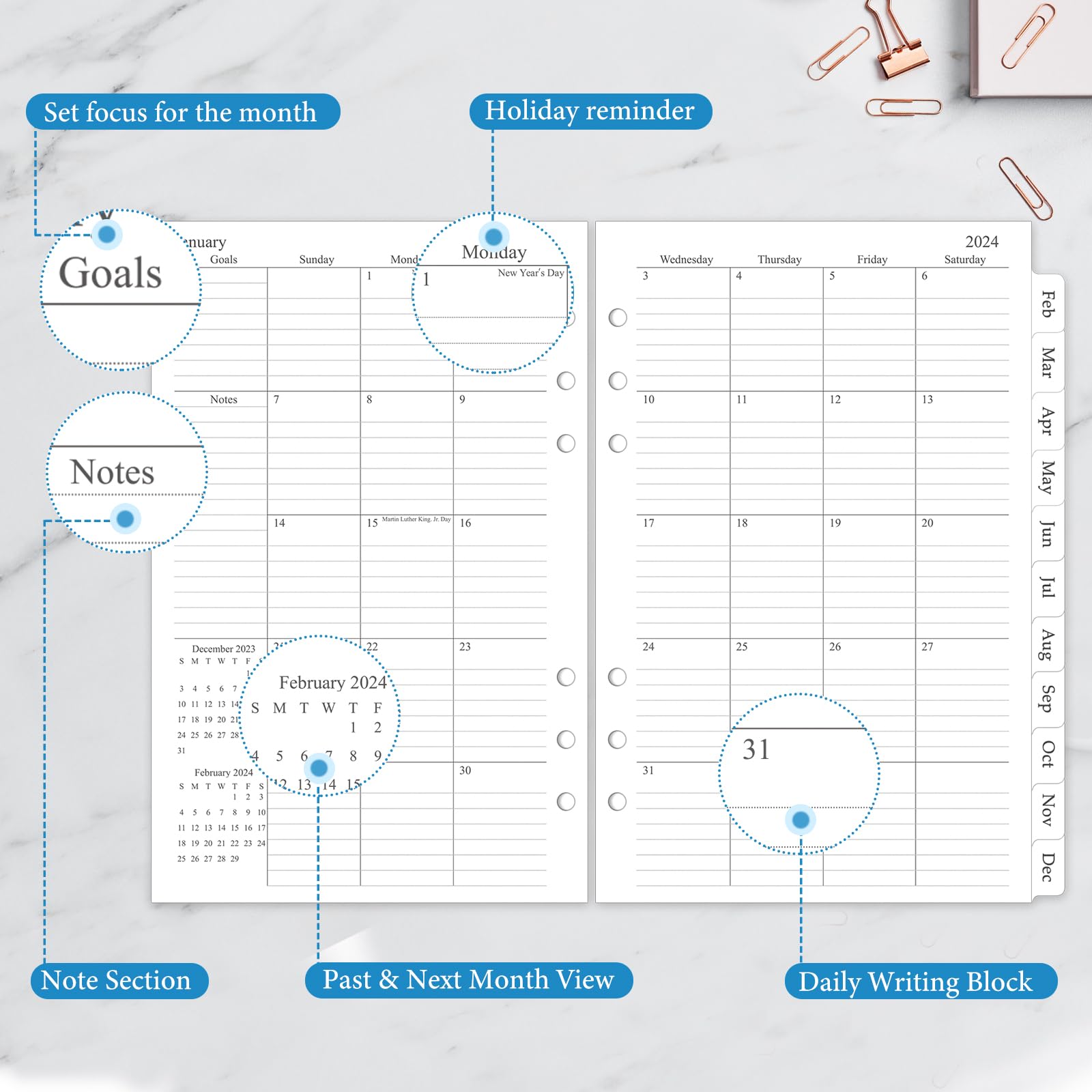 2024-2025 Monthly Planner Refill - A5 6-Hole Planner Inserts (Jan 2024-Jun 2025) | 18 Monthly Calendars with Tabs | 5.5