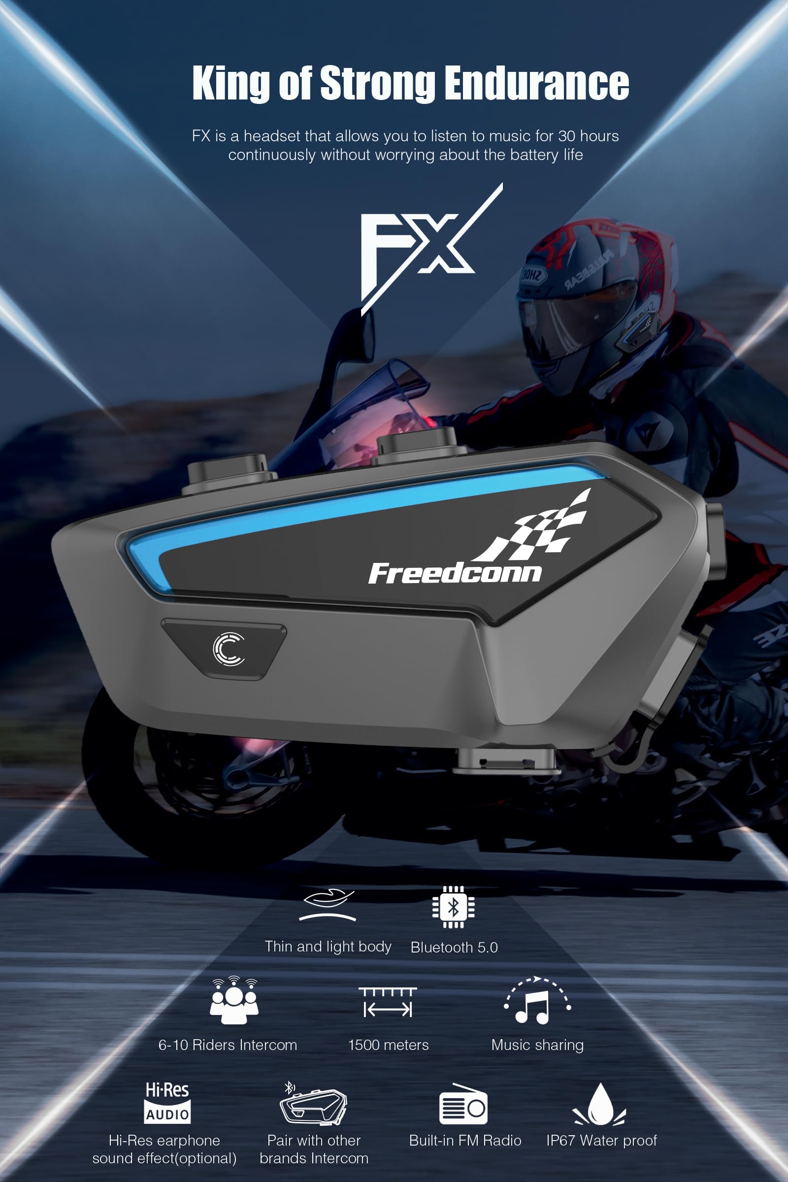 FreedConn FX Motorcycle Bluetooth Helmet Headset - Wireless Intercom for 2-10 Riders, Ultra-Thin Design with Music Sharing, Noise Cancellation & Waterproof - Perfect for Group Rides, Commuting & Adventure Touring (1 Pack)