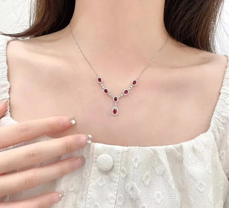 18K White Gold Ruby and Diamond Necklace for Women - Y-Shaped Luxury Fine Jewelry with Natural Gemstones - Perfect for Senior Banquets, Parties & Special Occasions