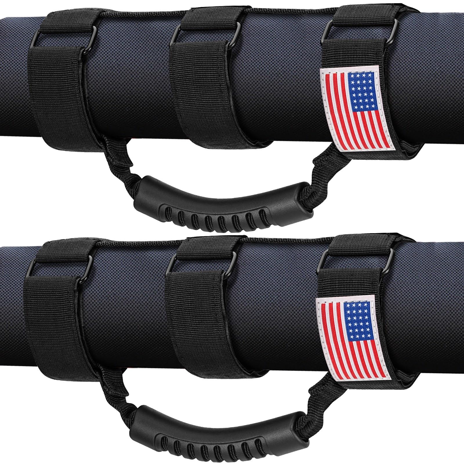 Moveland Roll Bar Grab Handles with American Flag - 2 Pack Heavy Duty Metal Grip Handles for 1955-2023 Jeep Wrangler JL/JK/TJ/YJ & Gladiator Accessories - Reinforced Buckle, Durable Off-Road Upgrade - Perfect for Climbing In/Out & Trail Riding