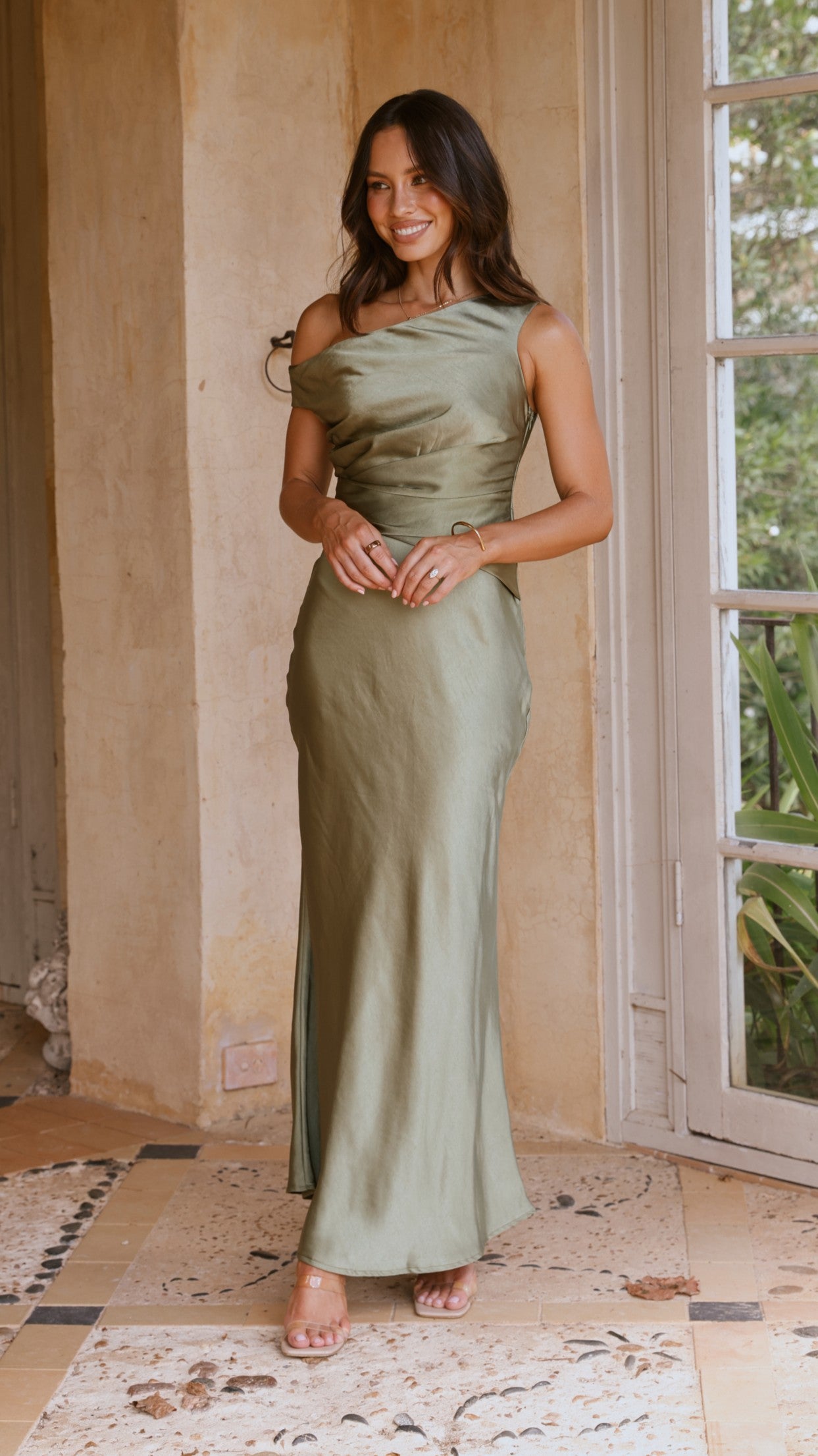 Auria Women's Off Shoulder Maxi Dress - Olive Green Flowy Long Dress for Summer, Beach, Wedding & Special Occasions