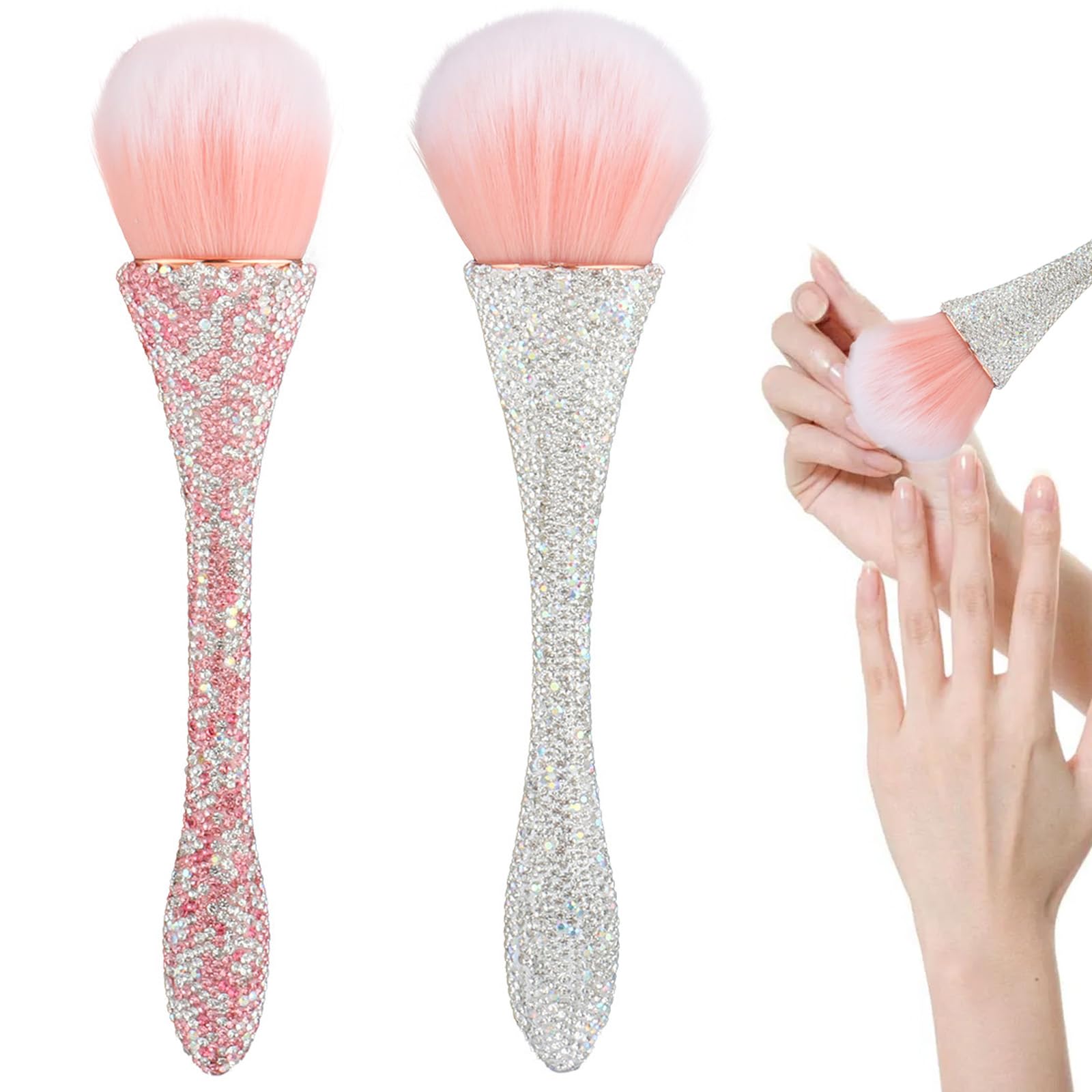 2 PCS Ultra Soft Nylon Nail Art Dust Brush - Shiny Rhinestone Nail Brush & Makeup Brush for Professional Nail Cleaning, Dust Removal, and Nail Art Design - Perfect for Salon, Home Manicure, and DIY Nail Art Enthusiasts