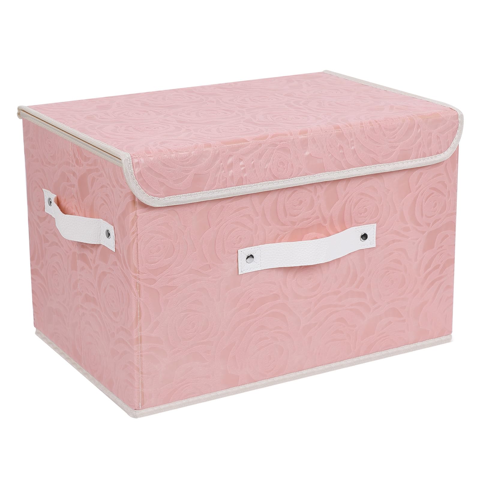 Lucky Monet Cute Storage Bins with Lids - Washable Decorative Fabric Boxes, Collapsible Storage Baskets with PU Leather Handles for Shelf & Closet Organization - Large Pink Storage Cube (1 Pack) - Perfect for Bedroom, Nursery, Office & Home Decor