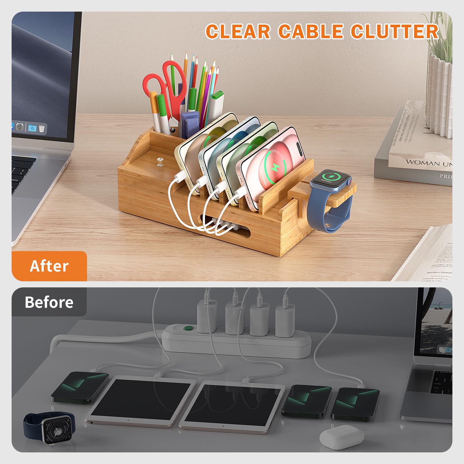 5-Port Bamboo Charging Station for Phones, Tablets & Watches - Office & Home Use
