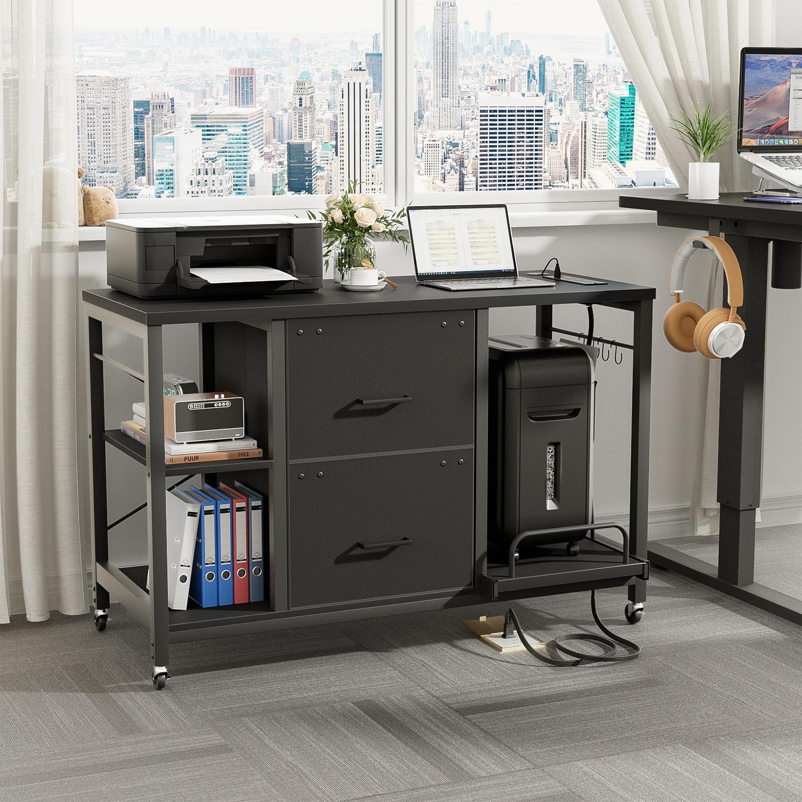 2-Drawer Lateral File Cabinet with LED Light & Outlet - Mobile Rolling Office Cabinet with Storage, Letter/Legal Size Filing - Perfect for Home Office Organization & Printer/Shredder Stand - Black Office Furniture