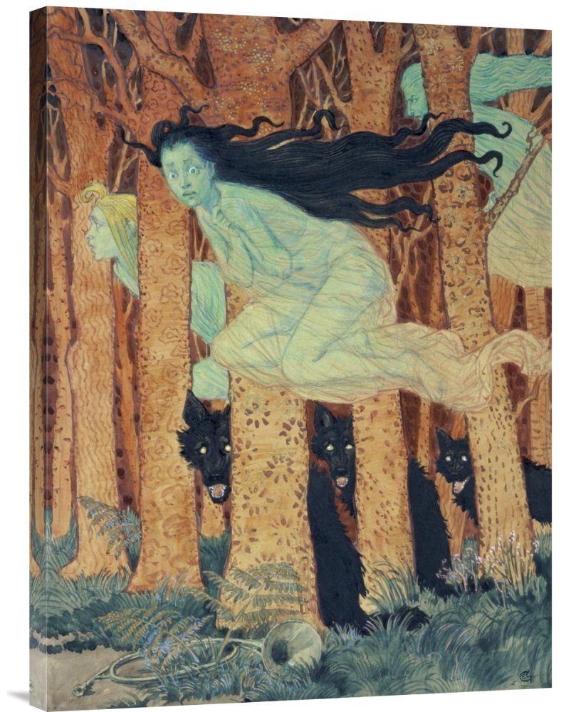 Eugene Samuel Grasset Women and Three Wolves Canvas Wall Art Print - Premium Giclee Gallery Wrap - Home & Office Decor - Perfect for Living Room, Bedroom or Office Wall Decor