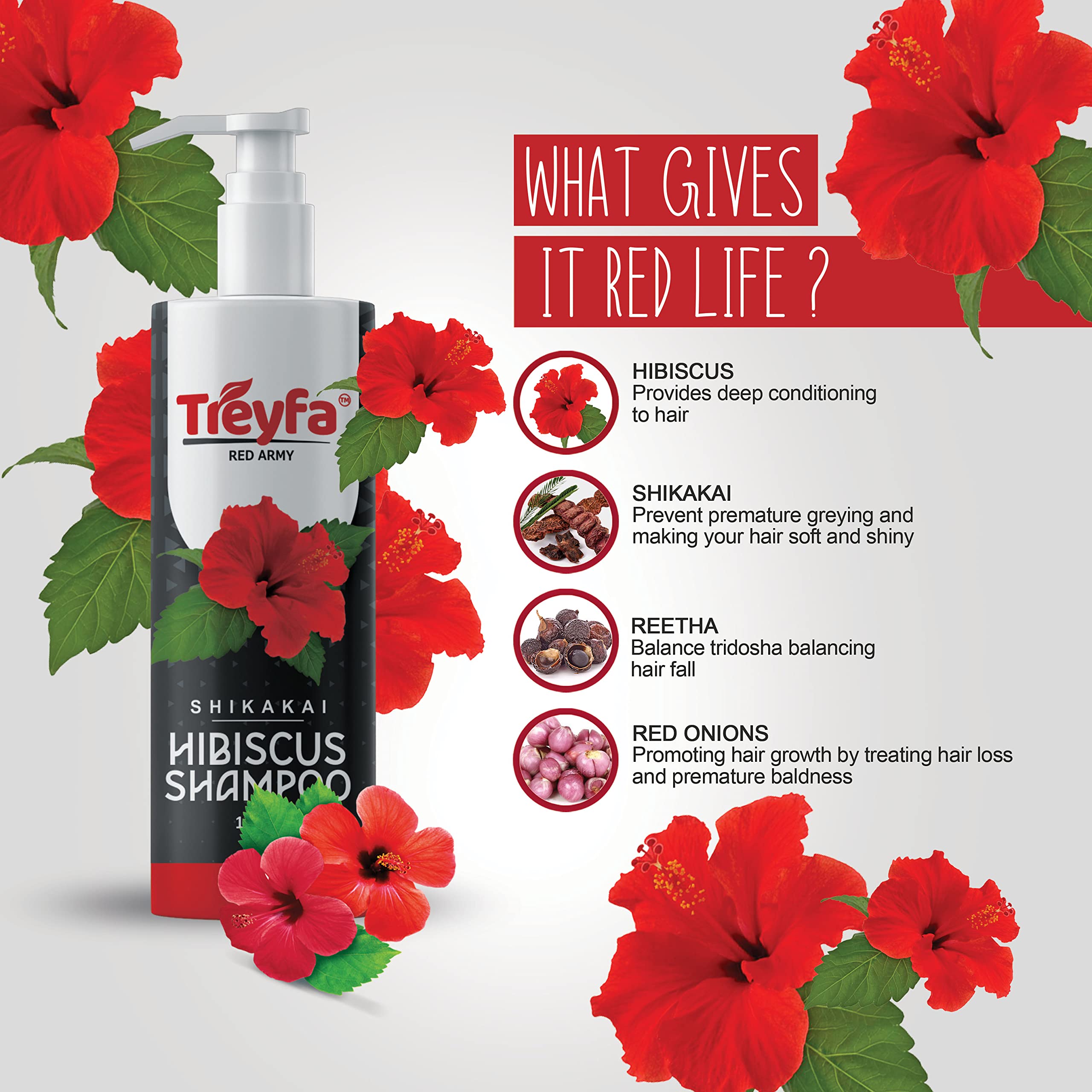 Treyfa Hibiscus Shampoo for Hair Growth & Shine - Natural Hair Care with Hibiscus, Shikakai, Reetha & Onion - Strengthens Hair Follicles for Long, Healthy Locks - 100ml for Women & Men - Perfect for Daily Hair Wash & Scalp Nourishment