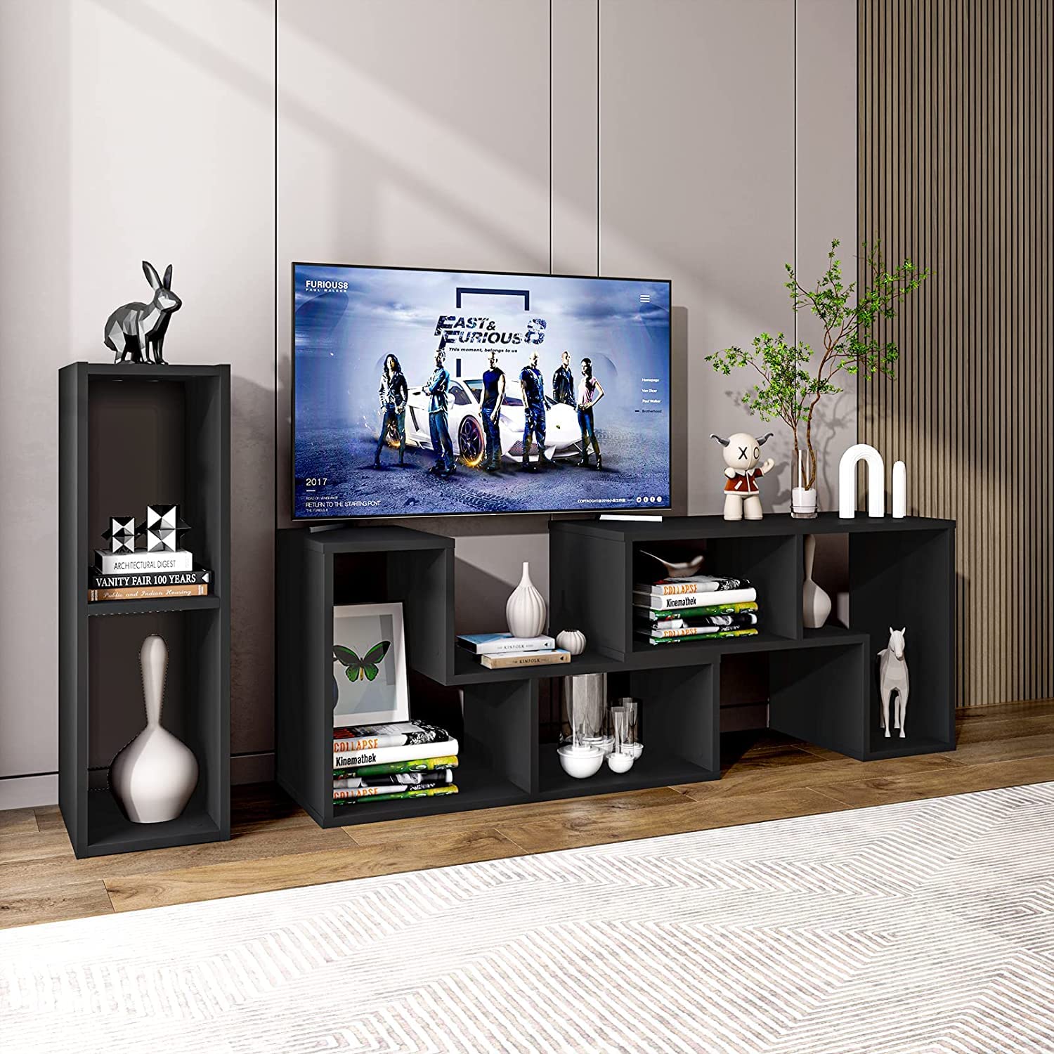 Giantex Modern 3-Piece DIY Open Bookcase Shelf Set - Black Storage & Display Console TV Stand for Living Room, Bedroom | Perfect for Organizing Books, Decor & Entertainment Systems