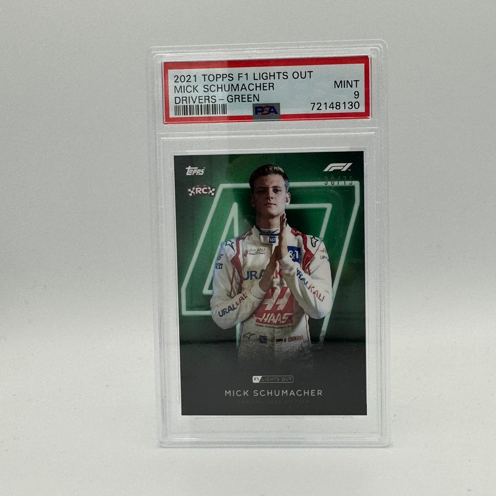 PSA 9 Graded 36/75 Mick Schumacher Green Parallel Racing Driver Card - Perfect for F1 Collectors, Sports Memorabilia Displays & Motorsport Enthusiasts