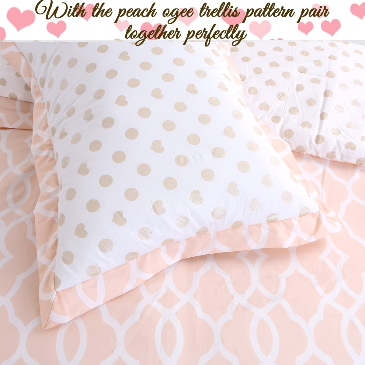 Cozy Line Home Fashions Heart Polka Dot Gold Reversible Twin Bedding Set for Girls - Ultra Soft All-Season Comforter Set (Sweet Peach, 2 Piece) | Perfect for Kids' Bedrooms, Sleepovers & Cozy Nights