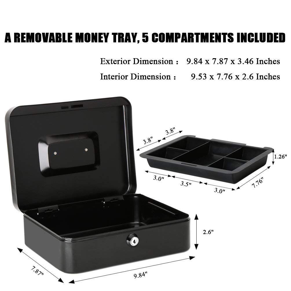Jssmst Heavy Duty Metal Cash Box with Money Tray - Secure Locking Money Storage Box for Business, Home & Office Use - Black