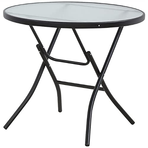 Modern Round Black Glass Folding Table - Weather Resistant Steel Frame - Perfect for Patio, Balcony, and Small Space Dining - Contemporary Living Room Accent Furniture