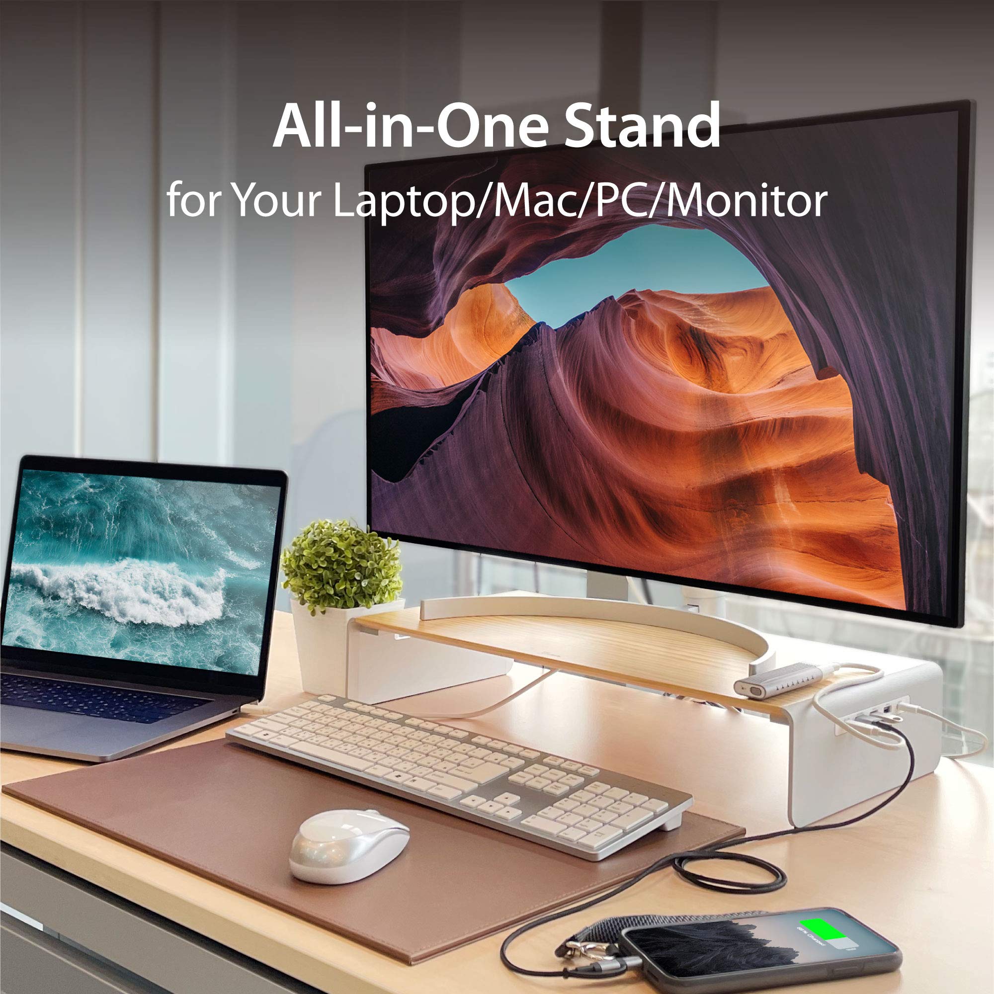 J5Create Premium Wooden Monitor Stand with USB-C/HDMI Docking Station - Includes USB 3.1 C to C Cable - Handcrafted Wood & Aluminum Riser for Computer Monitors, Laptops & TVs - Perfect for Home Office, Gaming & Workspace Setup