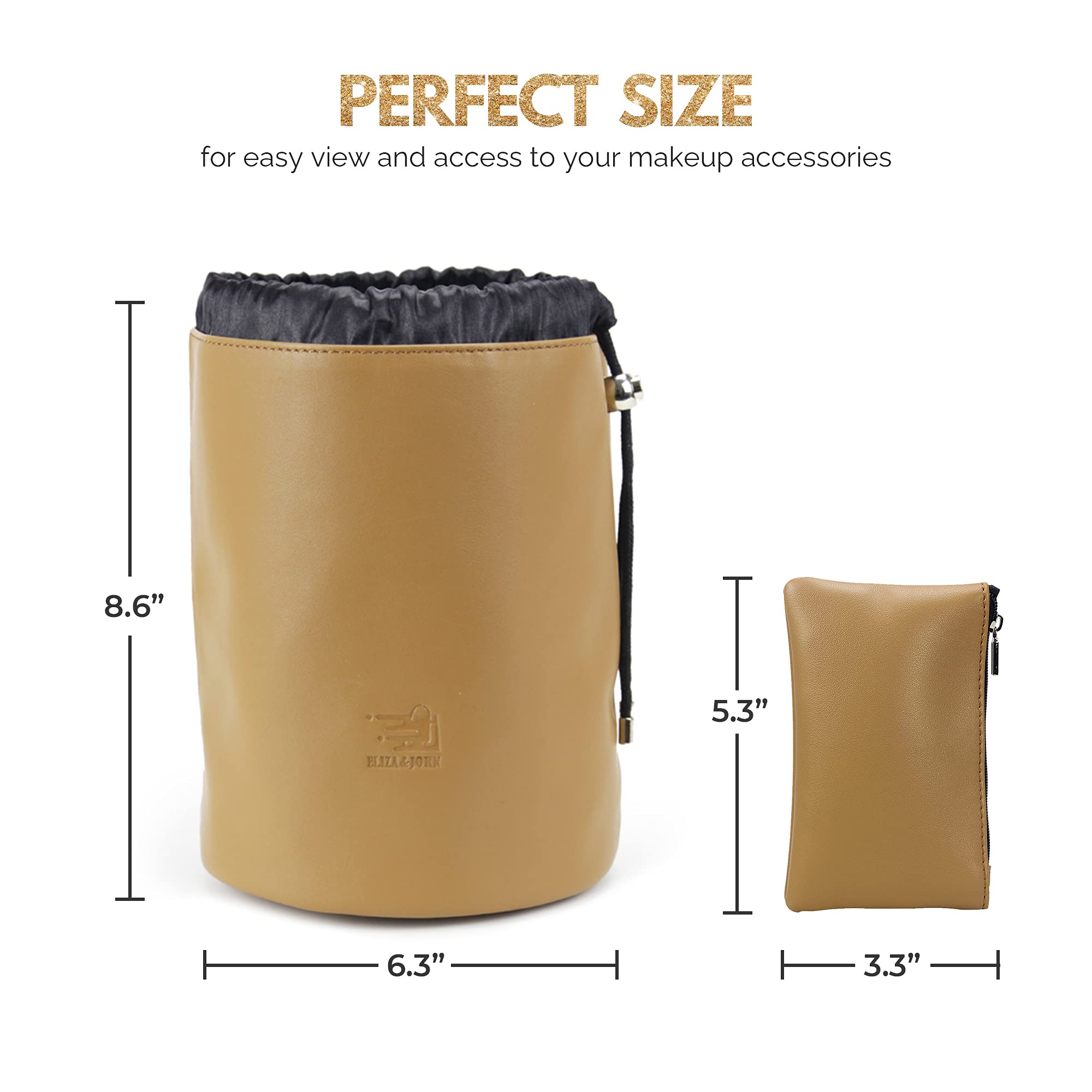 Eliza & John - Large Makeup Organizer & Travel Toiletry Bag for Women & Men, Waterproof Drawstring Shaving Kit with Multiple Pockets - Perfect for Vacation, Gym, Camping & Business Trips (Camel)
