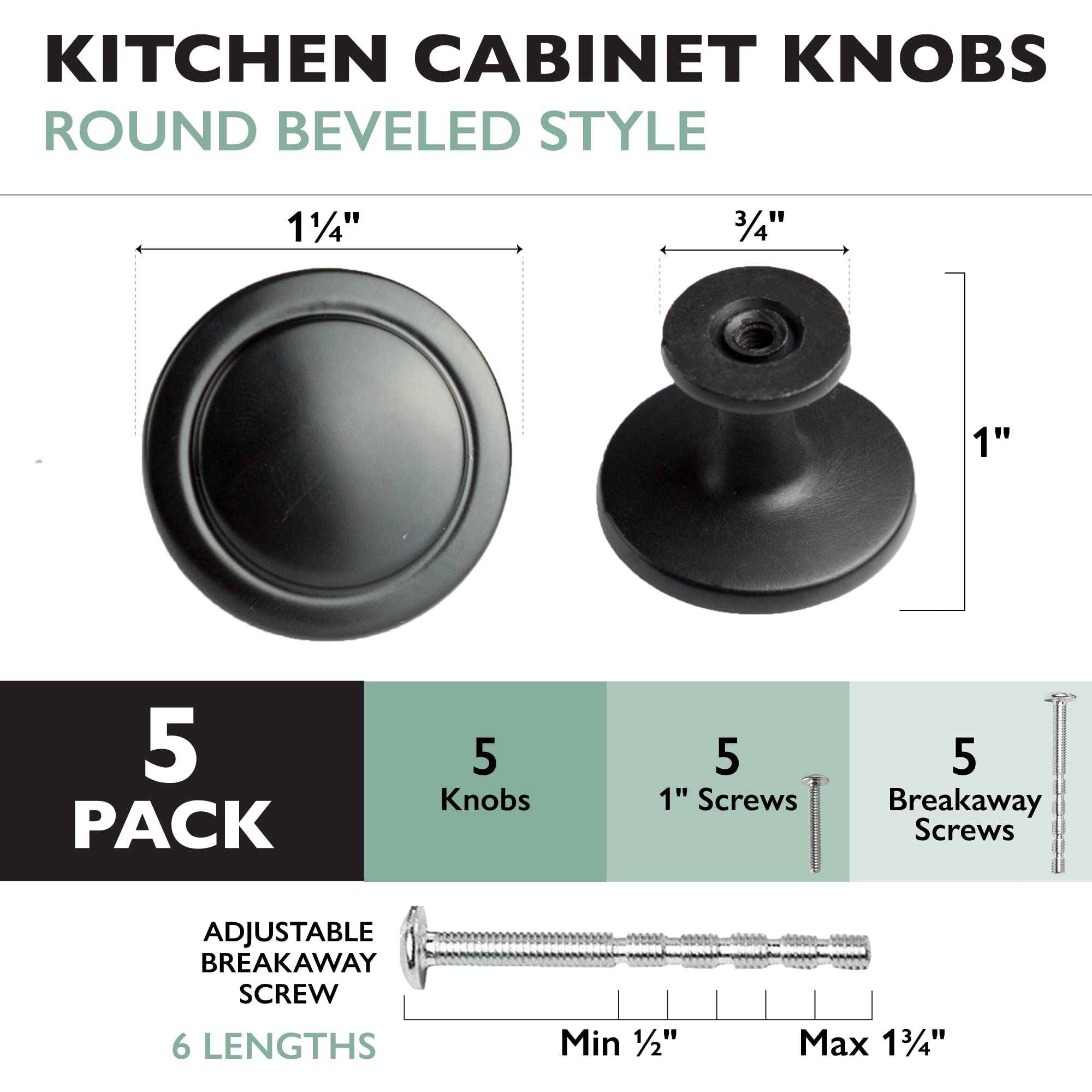 Ilyapa 1-1/4 Inch Round Flat Black Kitchen Cabinet Knobs - 5 Pack Matte Black Drawer Pulls for Cabinets, Dressers & Furniture Hardware - Perfect for Modern Kitchen & Bathroom Renovation