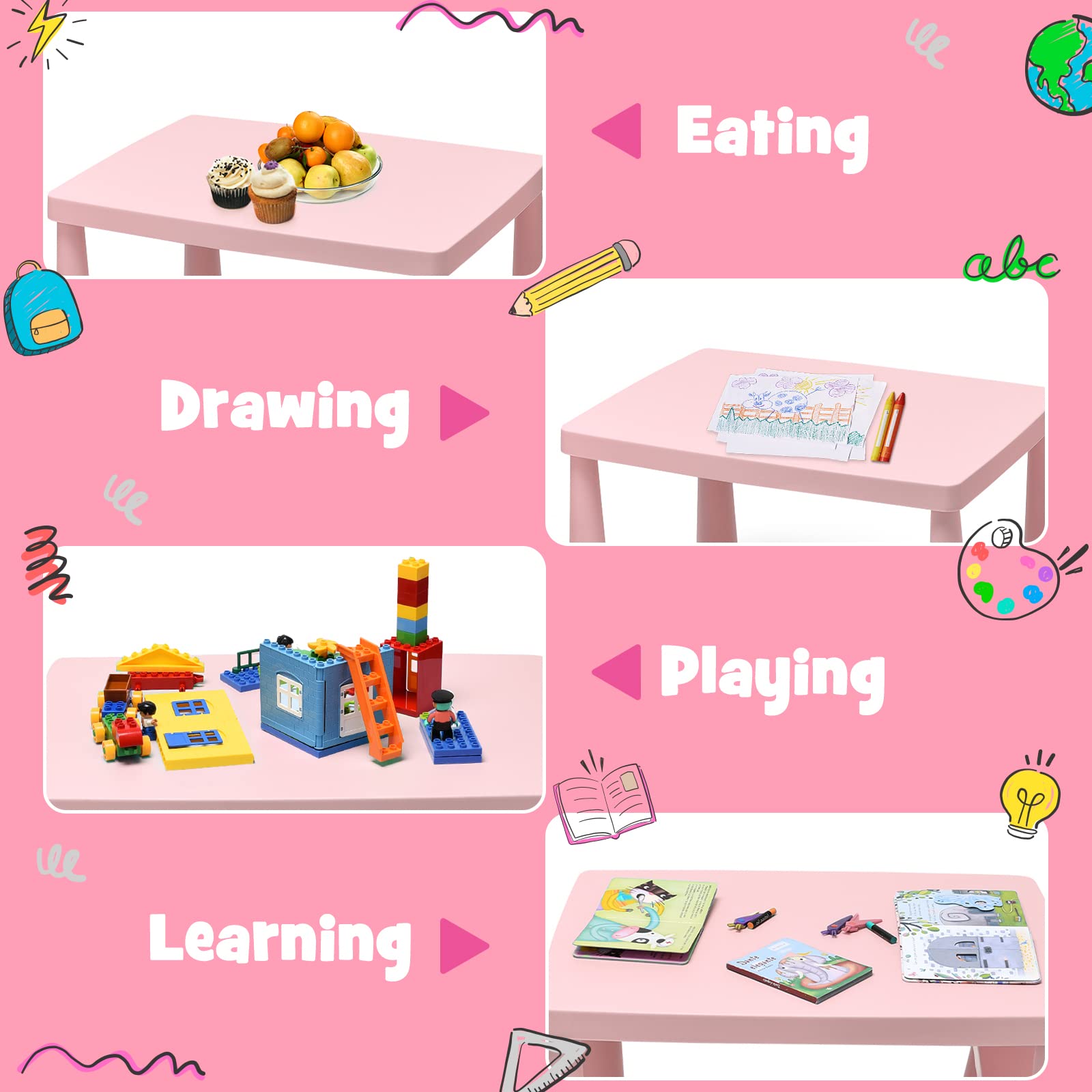 HONEY JOY Kids Table and Chair Set - 3-Piece Plastic Toddler Furniture for Art, Crafts & Play | Easy-Clean Tabletop with 2 Chairs | Perfect for Daycare, Playroom & Home | Gift for Boys & Girls (Pink)