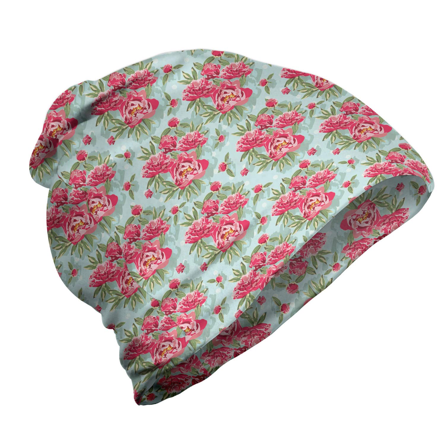 Ambesonne Unisex Beanie - Vintage Floral Garden Design, Soft Winter Hat for Men & Women, Blue and Pink Knit Beanie for Hiking, Outdoor Activities & Cold Weather Fashion