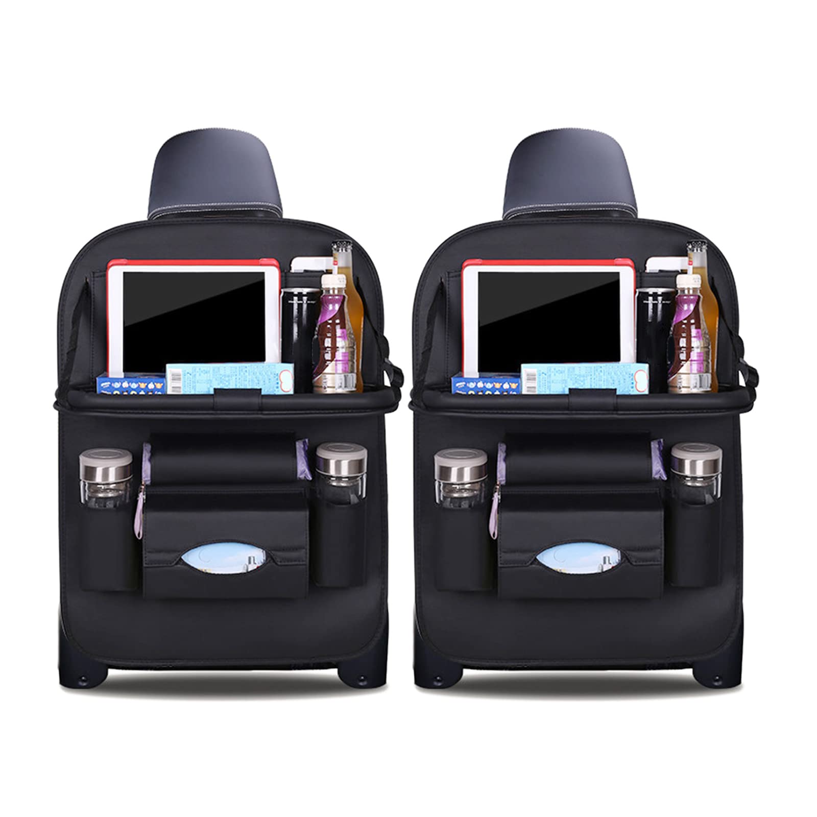 Premium PU Leather Car Back Seat Organizer with Foldable Tablet Holder - 2 Pack Black Multi-Function Kick Mats for Long Trips & Family Travel - Protects Seats & Organizes Toys, Snacks, Electronics