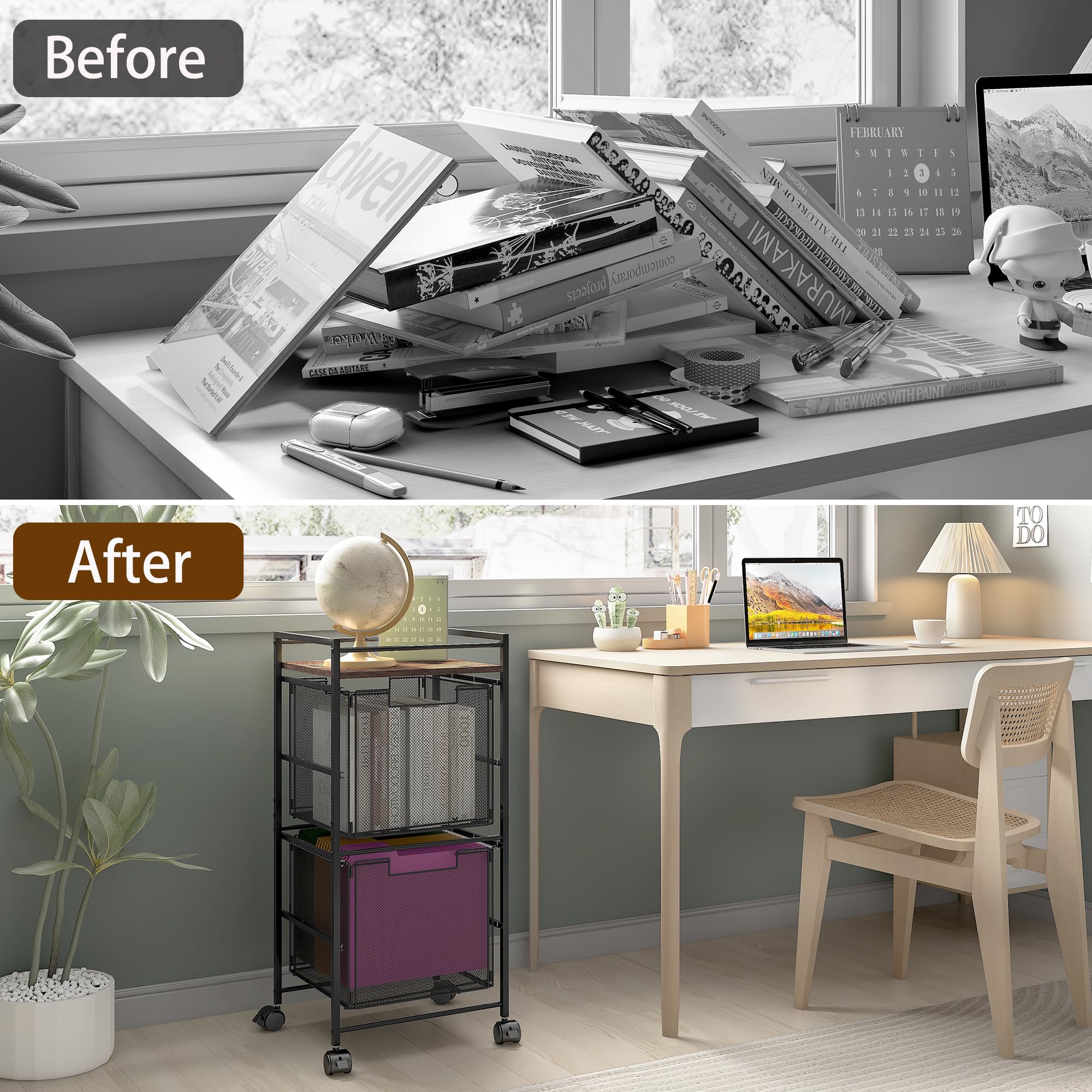 Mobile File Cart with 2 Drawers & Wheels - Home Office & Classroom Storage - Rustic Brown