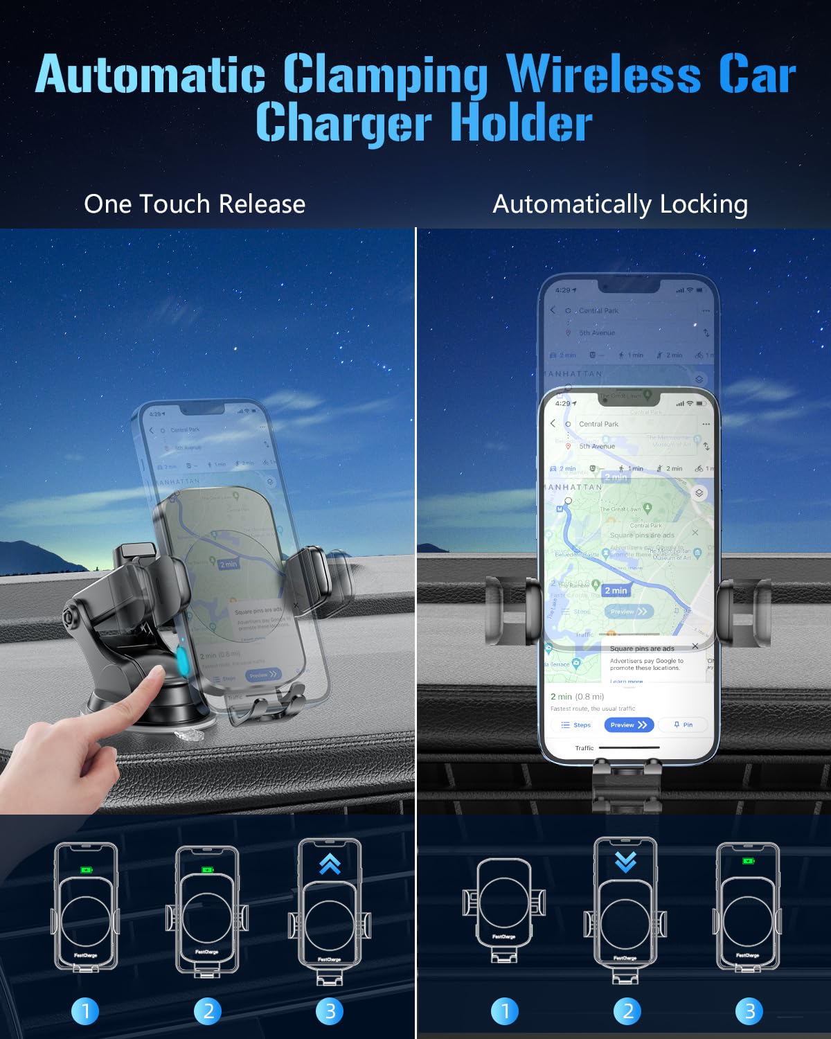 Fast Wireless Car Charger & Phone Holder - 3-in-1 Auto Clamping Car Mount Compatible with iPhone 16/15/14/13/12/11/XS/XR & Samsung S23 Ultra/S22/S21/S20/S10+/S9+/Note 9 - Perfect for Commuting, Road Trips & Hands-Free Driving